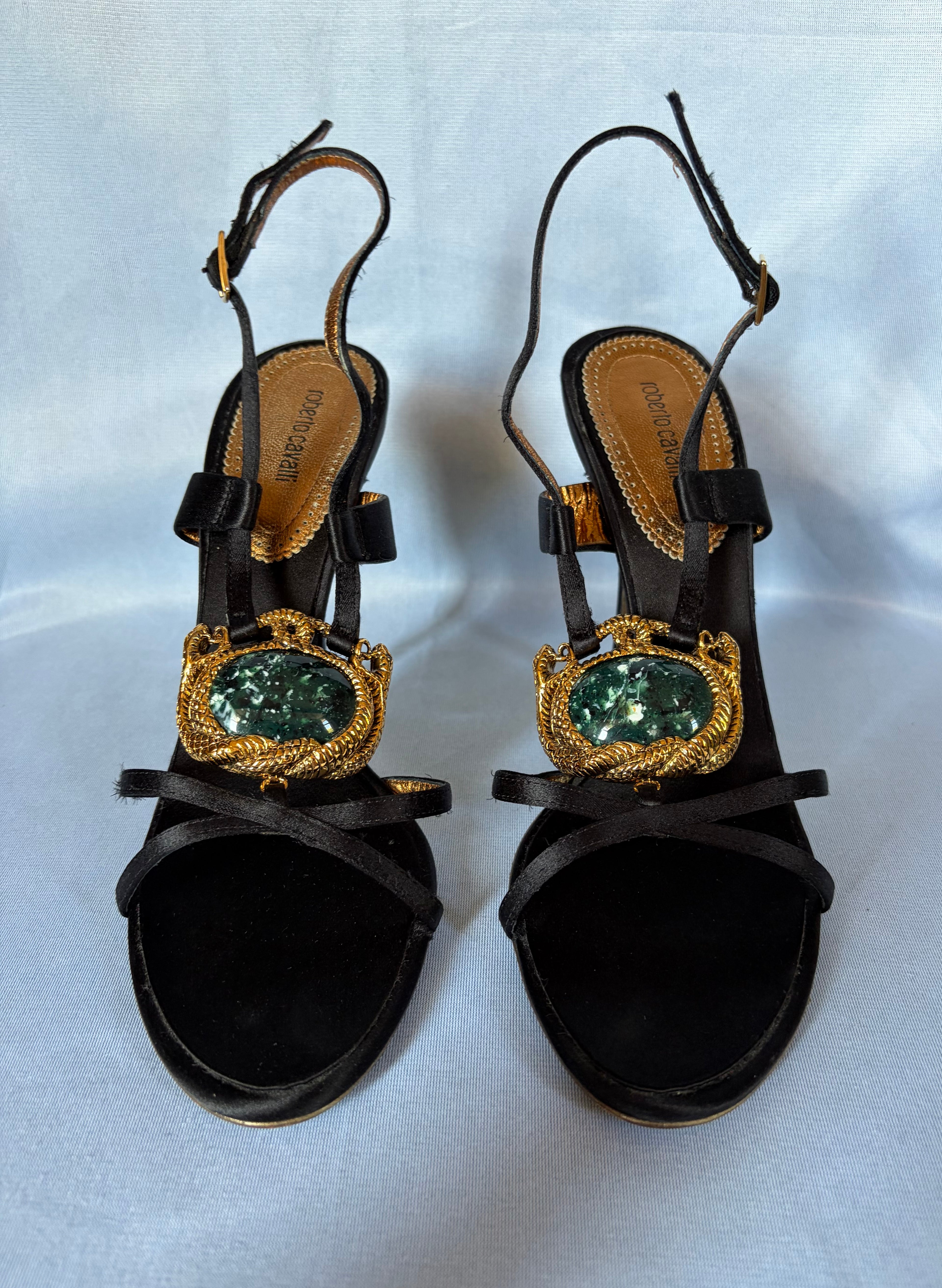Roberto Cavalli 2000s Black Satin Slingback Emerald & Gold Serpentines Motifs