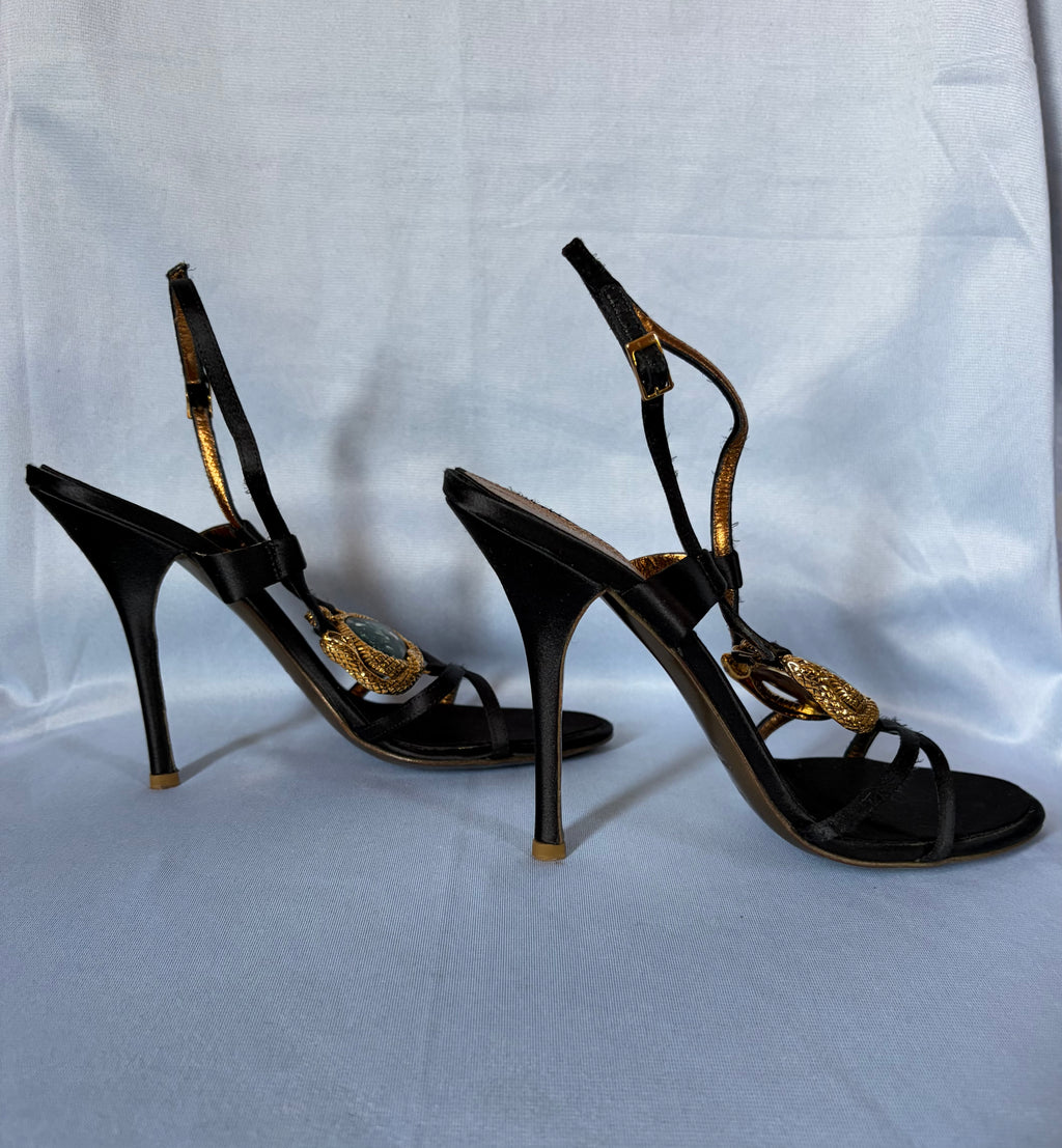 Roberto Cavalli 2000s Black Satin Slingback Emerald & Gold Serpentines Motifs