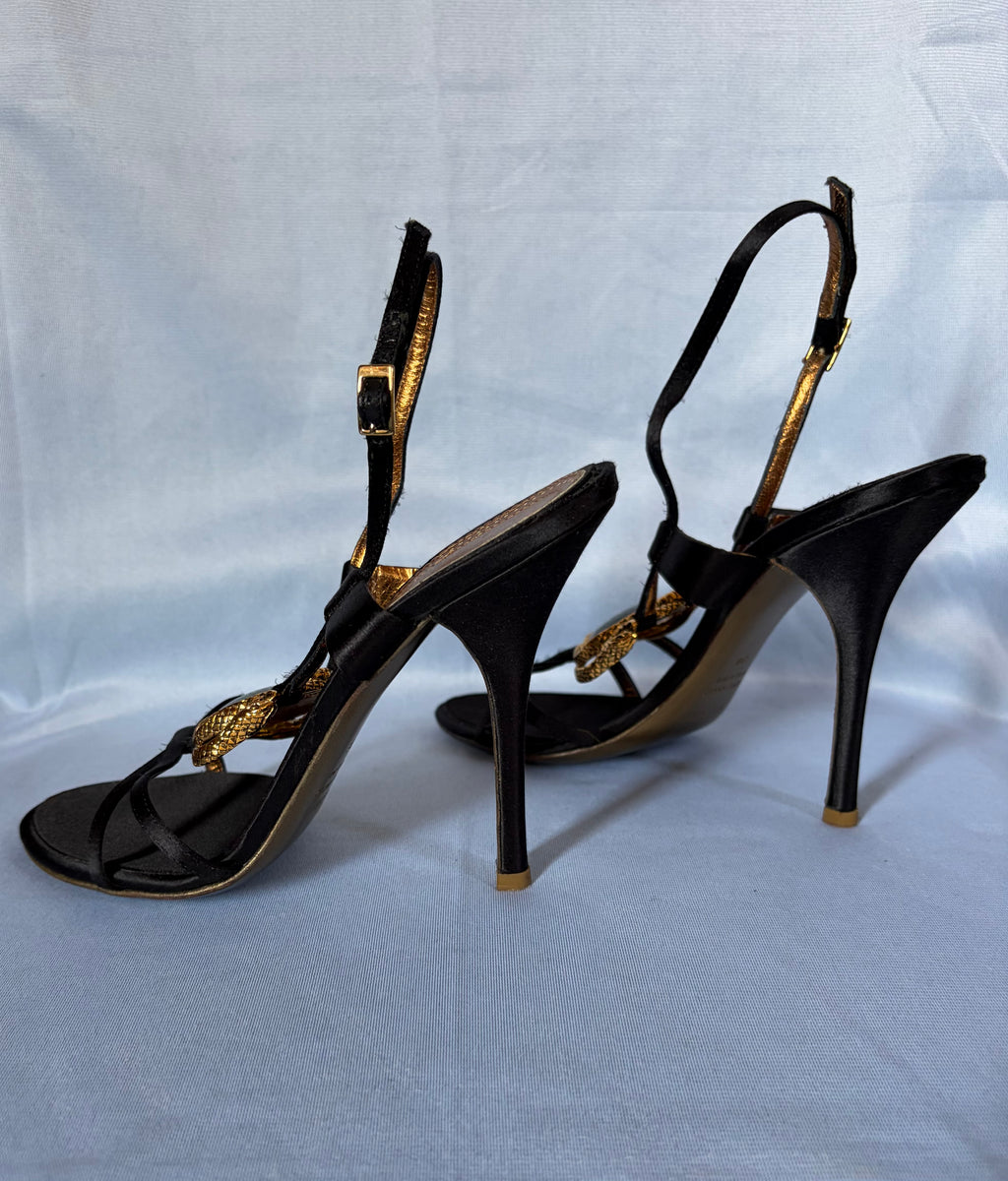 Roberto Cavalli 2000s Black Satin Slingback Emerald & Gold Serpentines Motifs