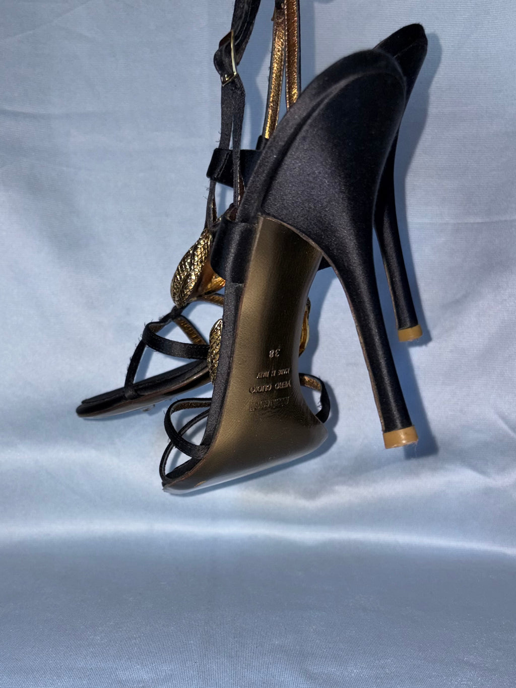 Roberto Cavalli 2000s Black Satin Slingback Emerald & Gold Serpentines Motifs