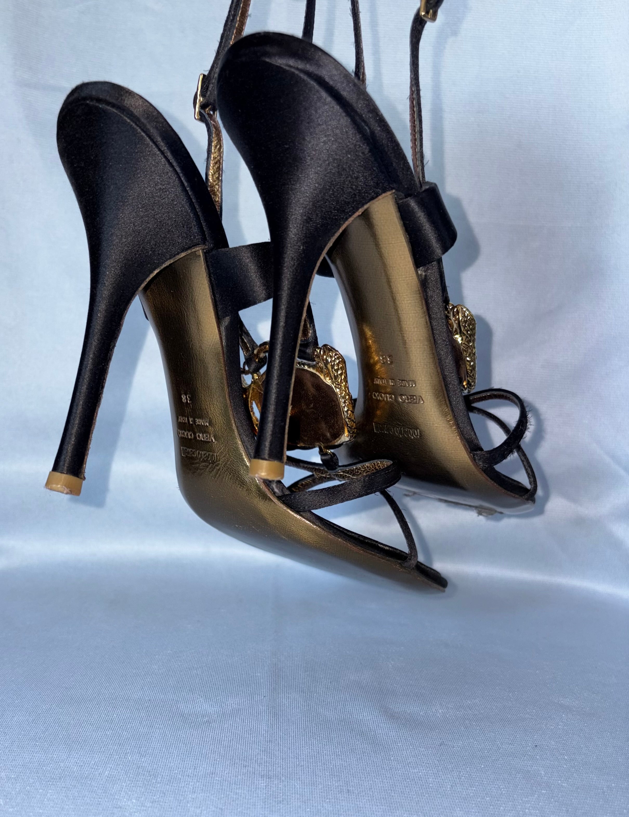 Roberto Cavalli 2000s Black Satin Slingback Emerald & Gold Serpentines Motifs