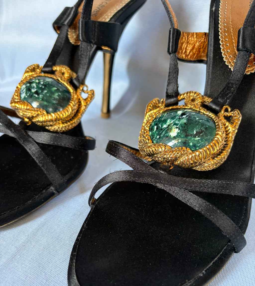 Roberto Cavalli 2000s Black Satin Slingback Emerald & Gold Serpentines Motifs