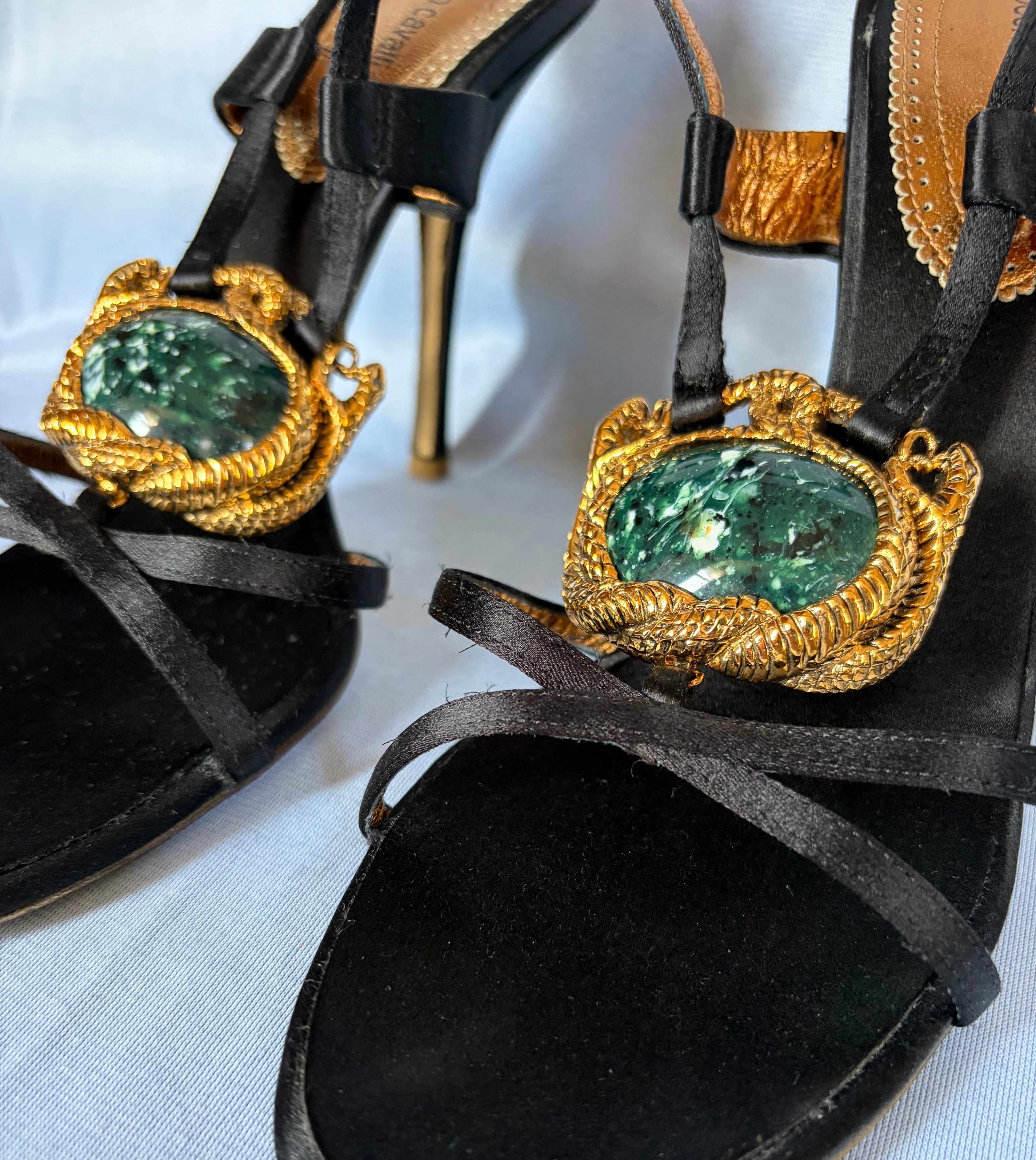 Roberto Cavalli 2000s Black Satin Slingback Emerald & Gold Serpentines Motifs