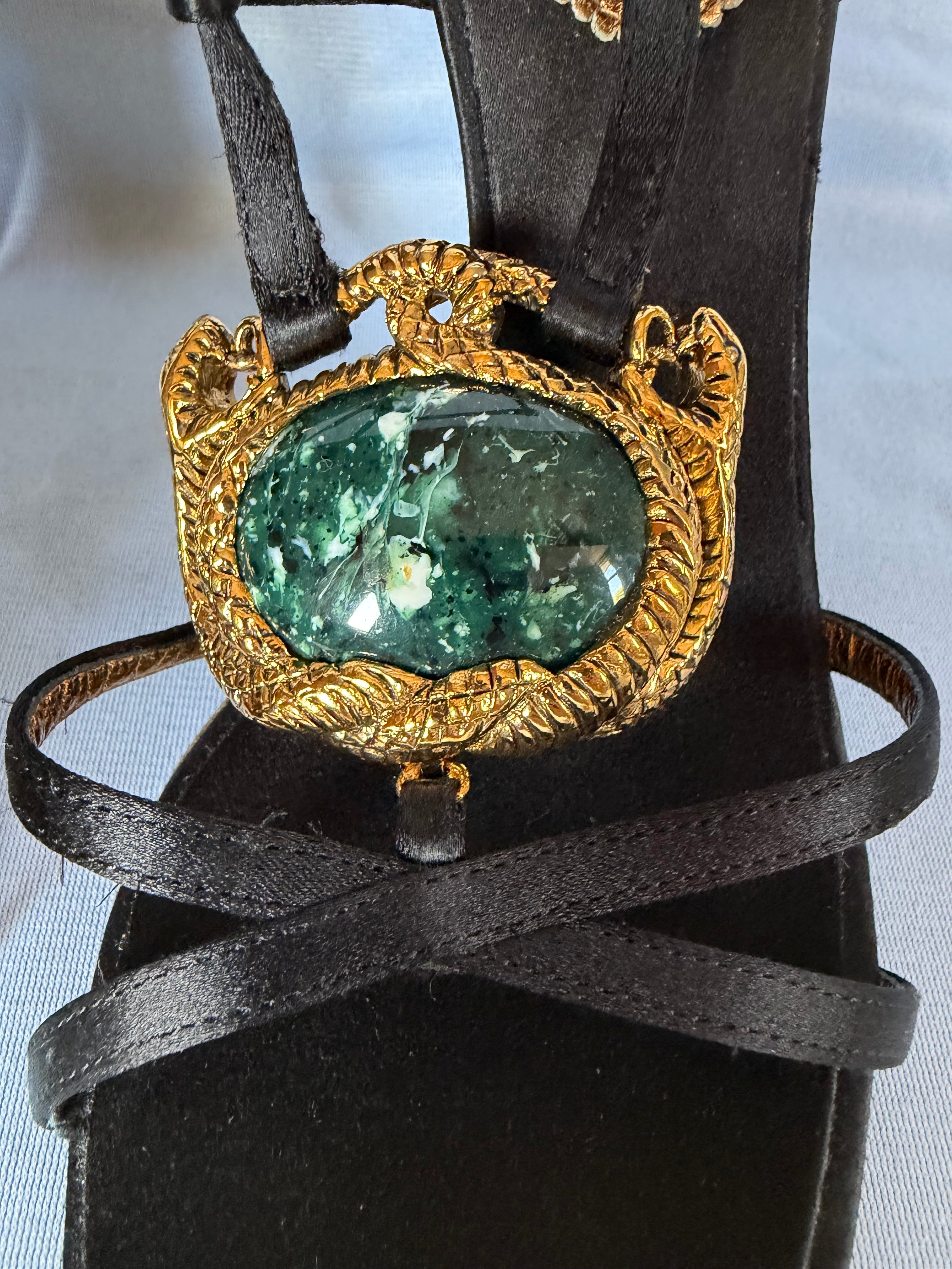 Roberto Cavalli 2000s Black Satin Slingback Emerald & Gold Serpentines Motifs