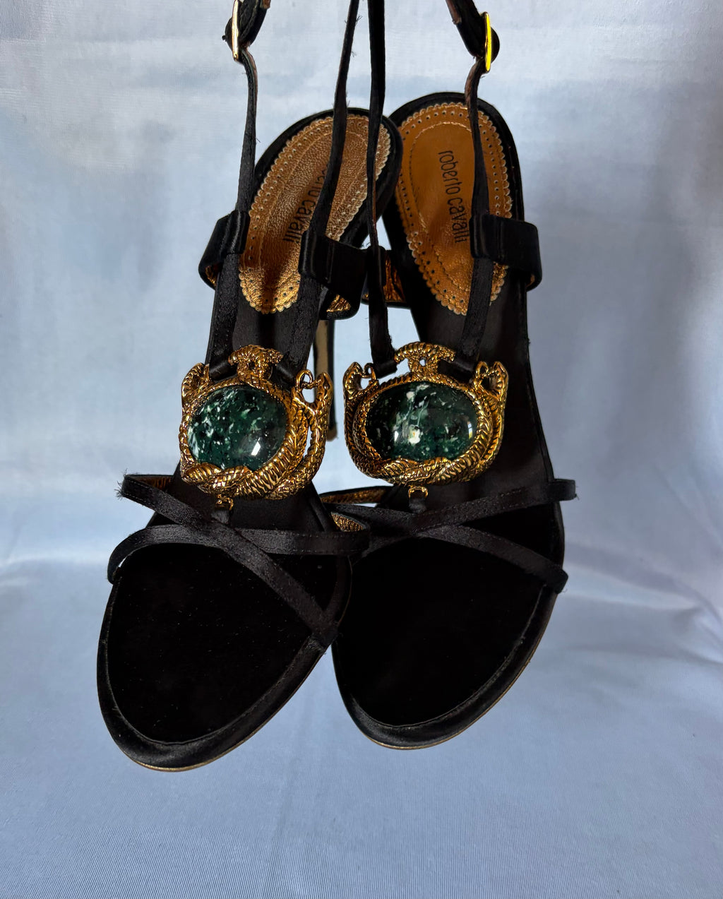 Roberto Cavalli 2000s Black Satin Slingback Emerald & Gold Serpentines Motifs