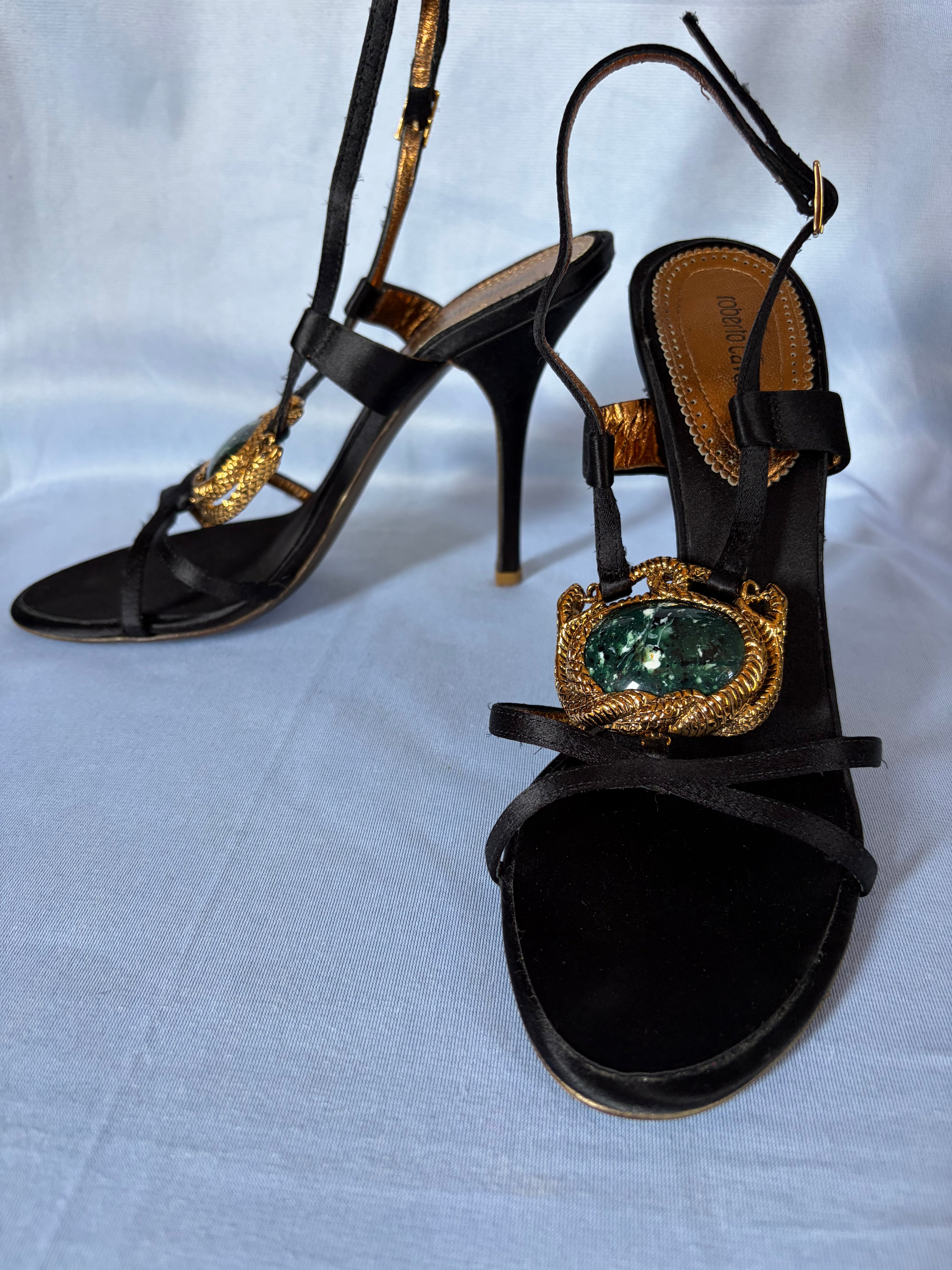 Roberto Cavalli 2000s Black Satin Slingback Emerald & Gold Serpentines Motifs