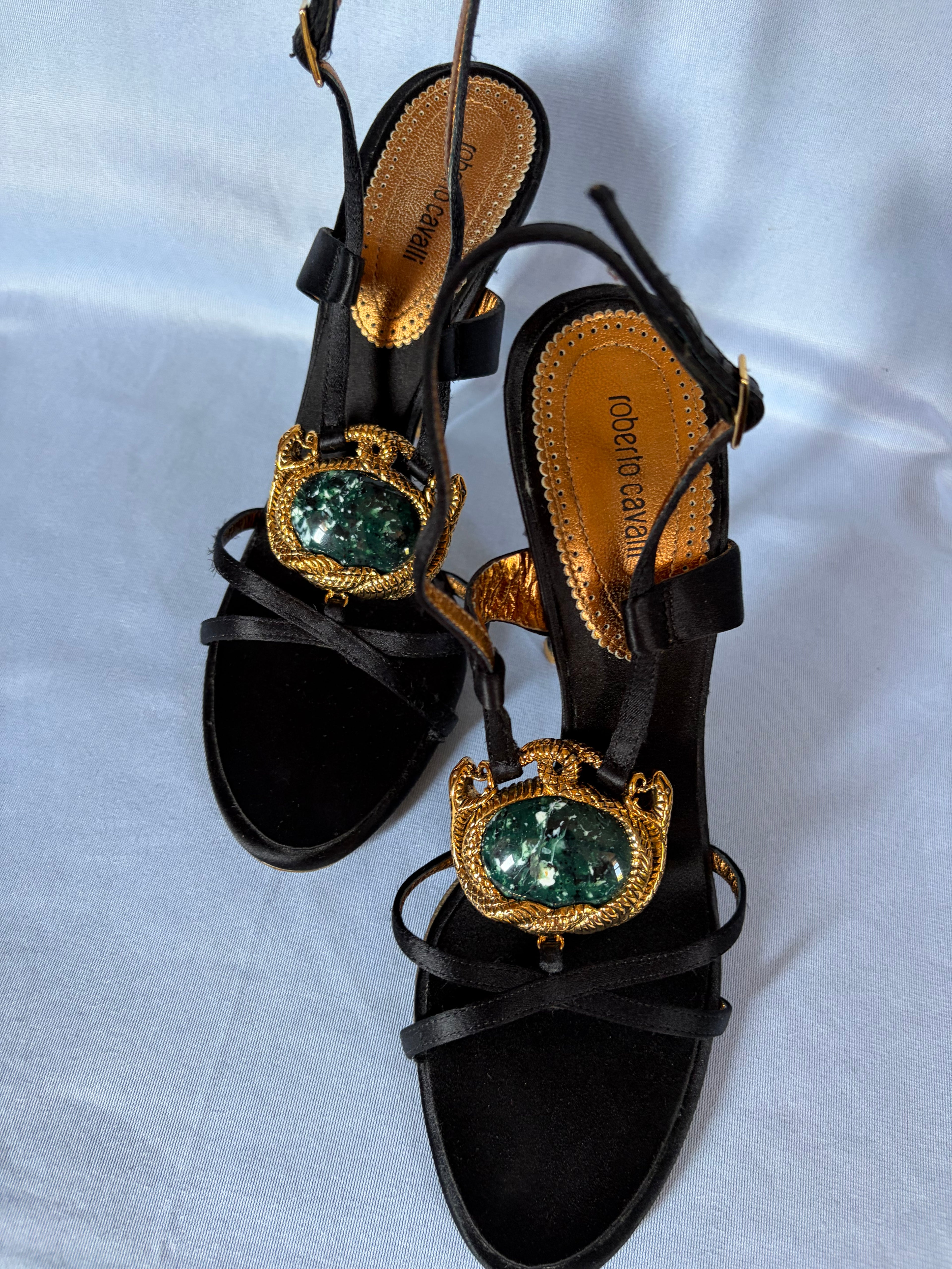 Roberto Cavalli 2000s Black Satin Slingback Emerald & Gold Serpentines Motifs