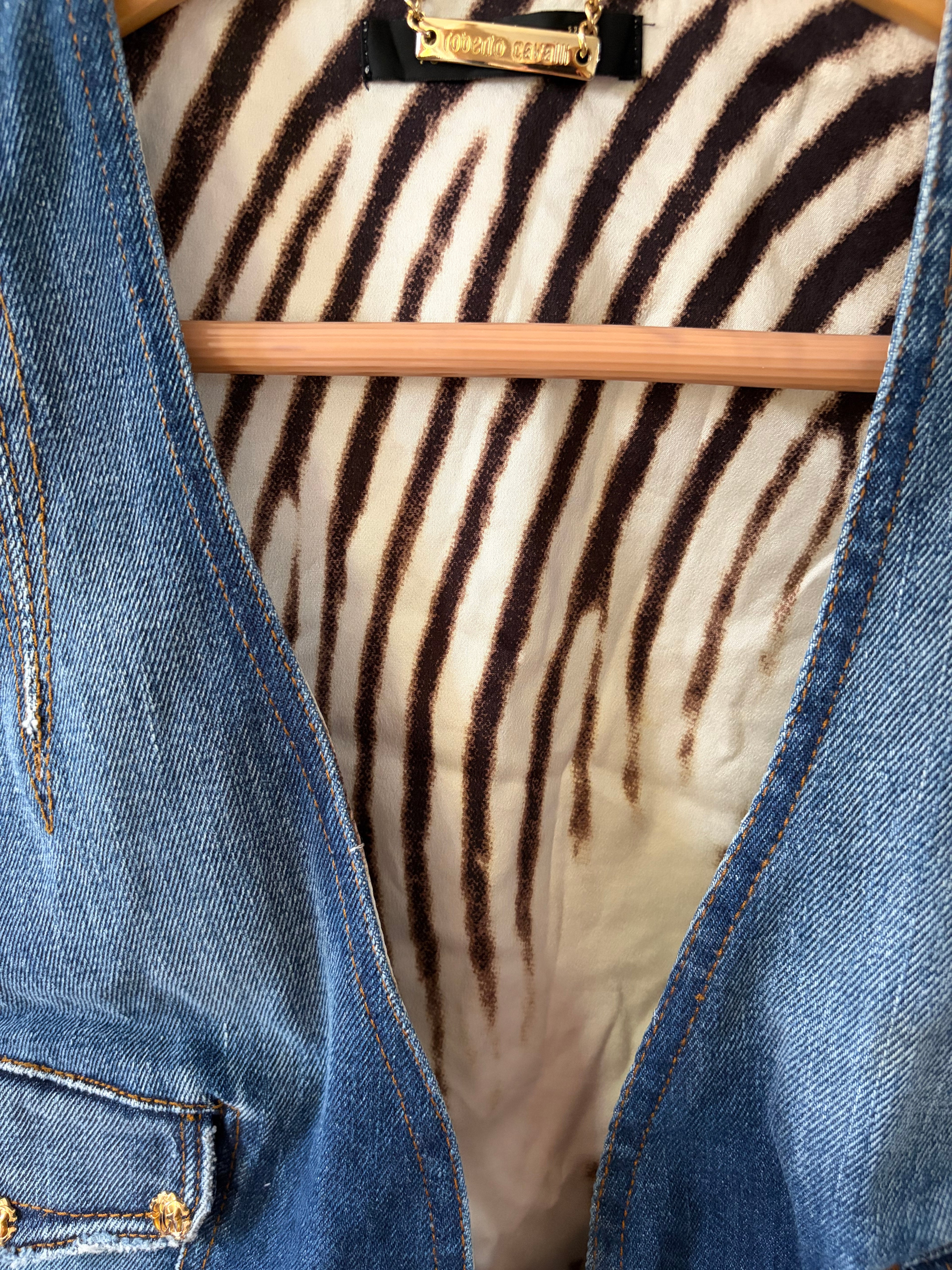 Roberto Cavalli 2000s Vintage Denim Waistcoat Zebra Print Back.