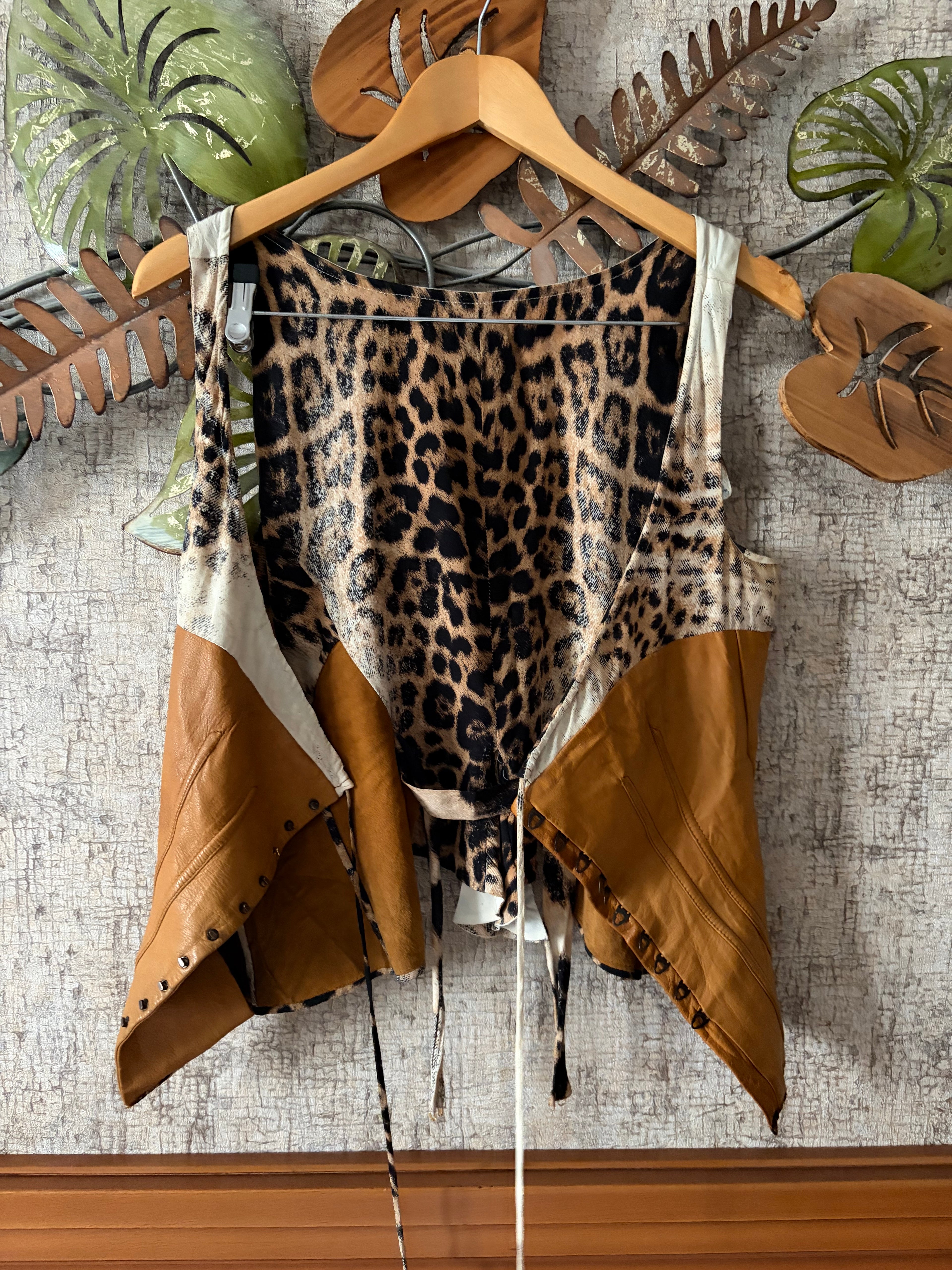 Roberto Cavalli 2003 Brown Leather Silk Corset Leopard Print M
