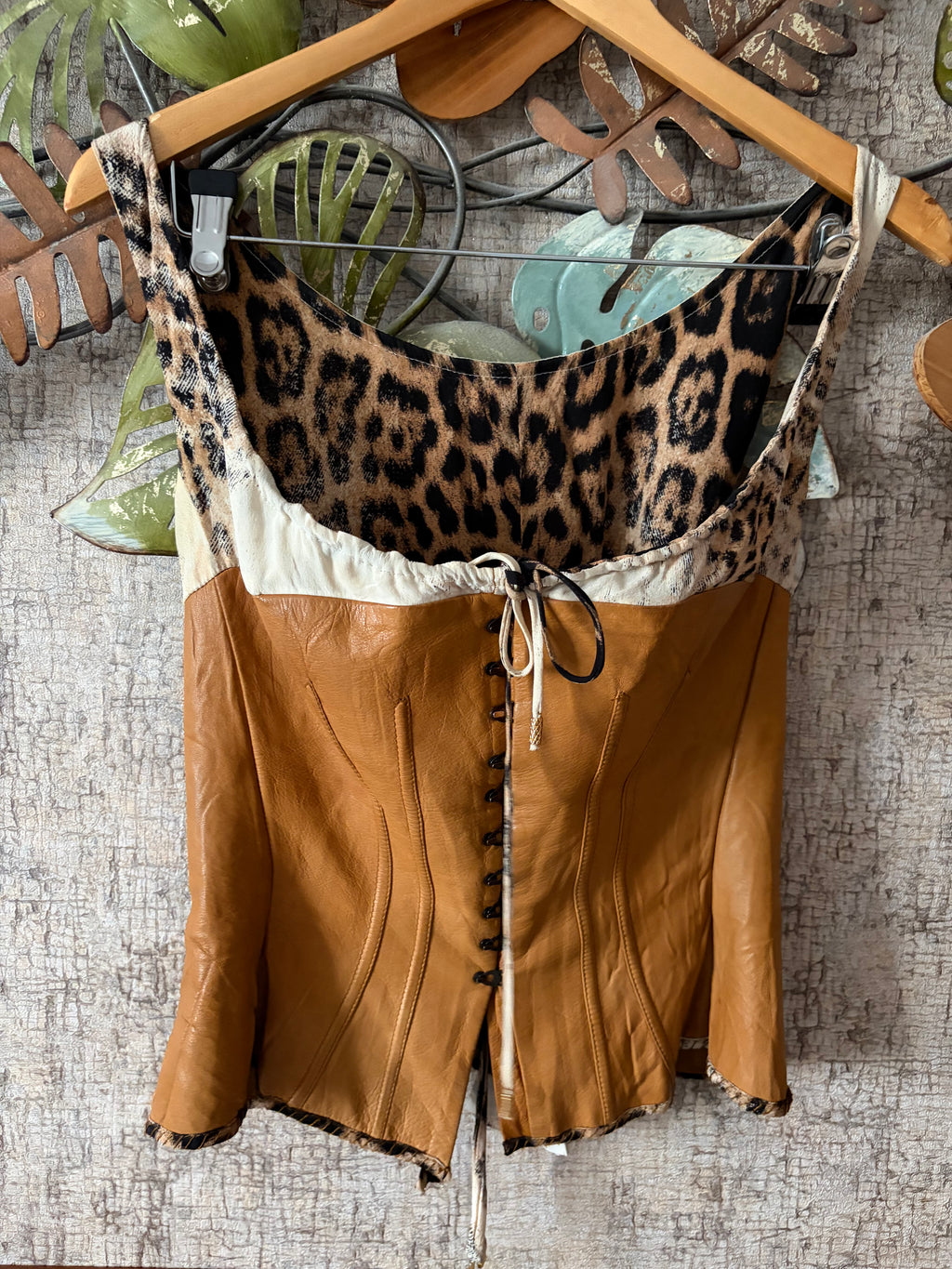 Roberto Cavalli 2003 Brown Leather Silk Corset Leopard Print M