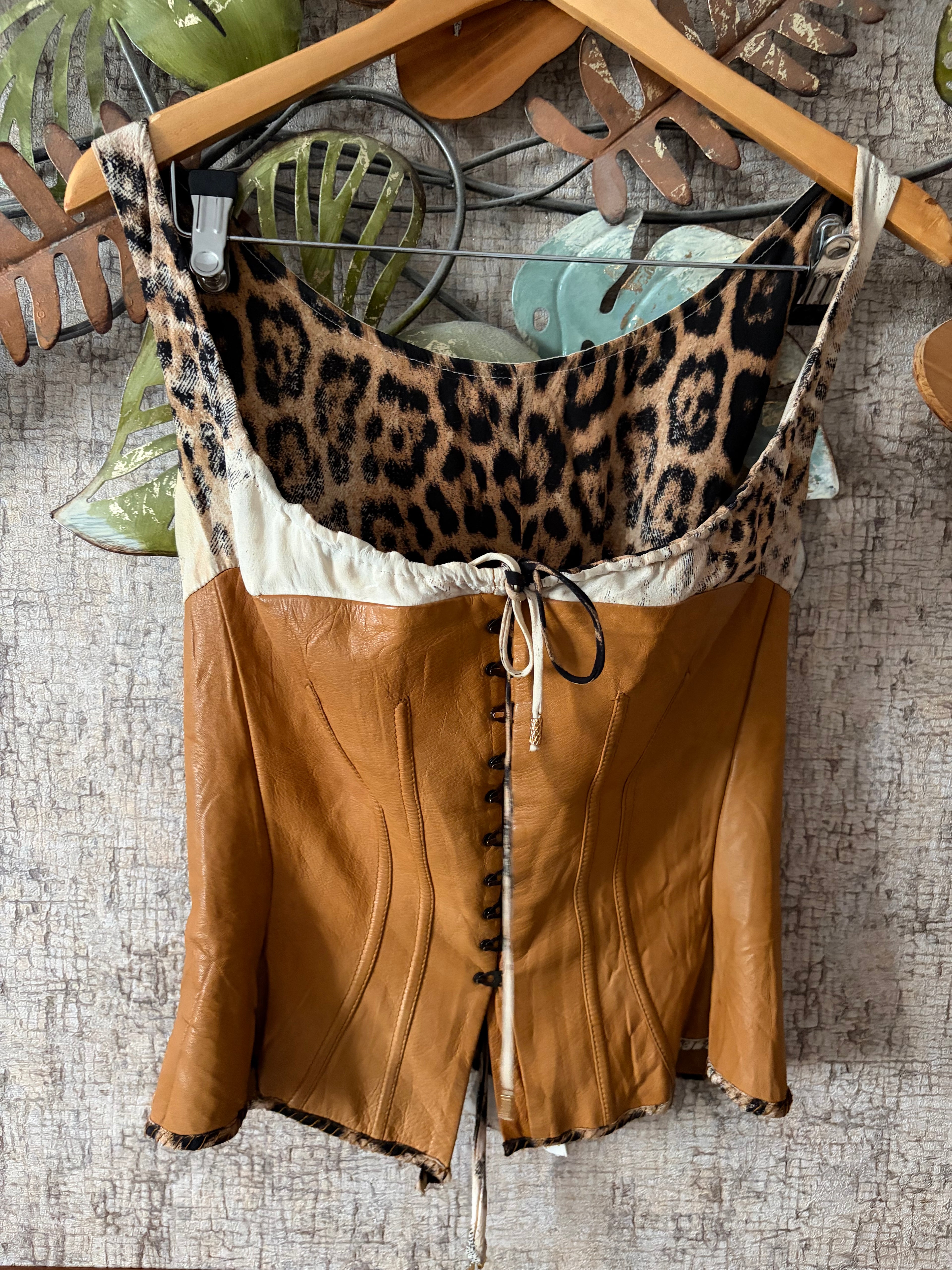 Roberto Cavalli 2003 Brown Leather Silk Corset Leopard Print M