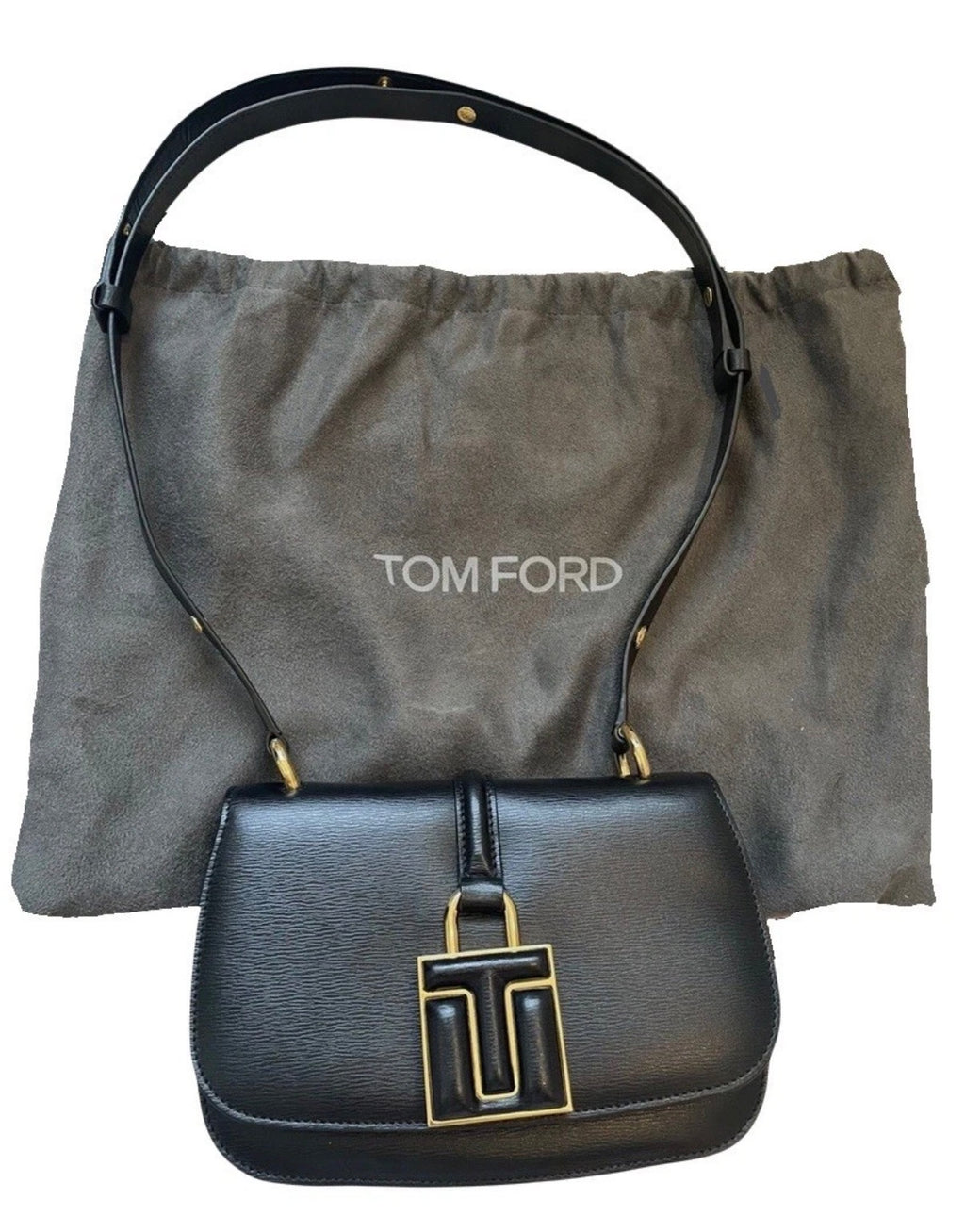 Tom Ford Black Leather Flap Mini Bag Padlock Logo Charm Gold Tone Hardware