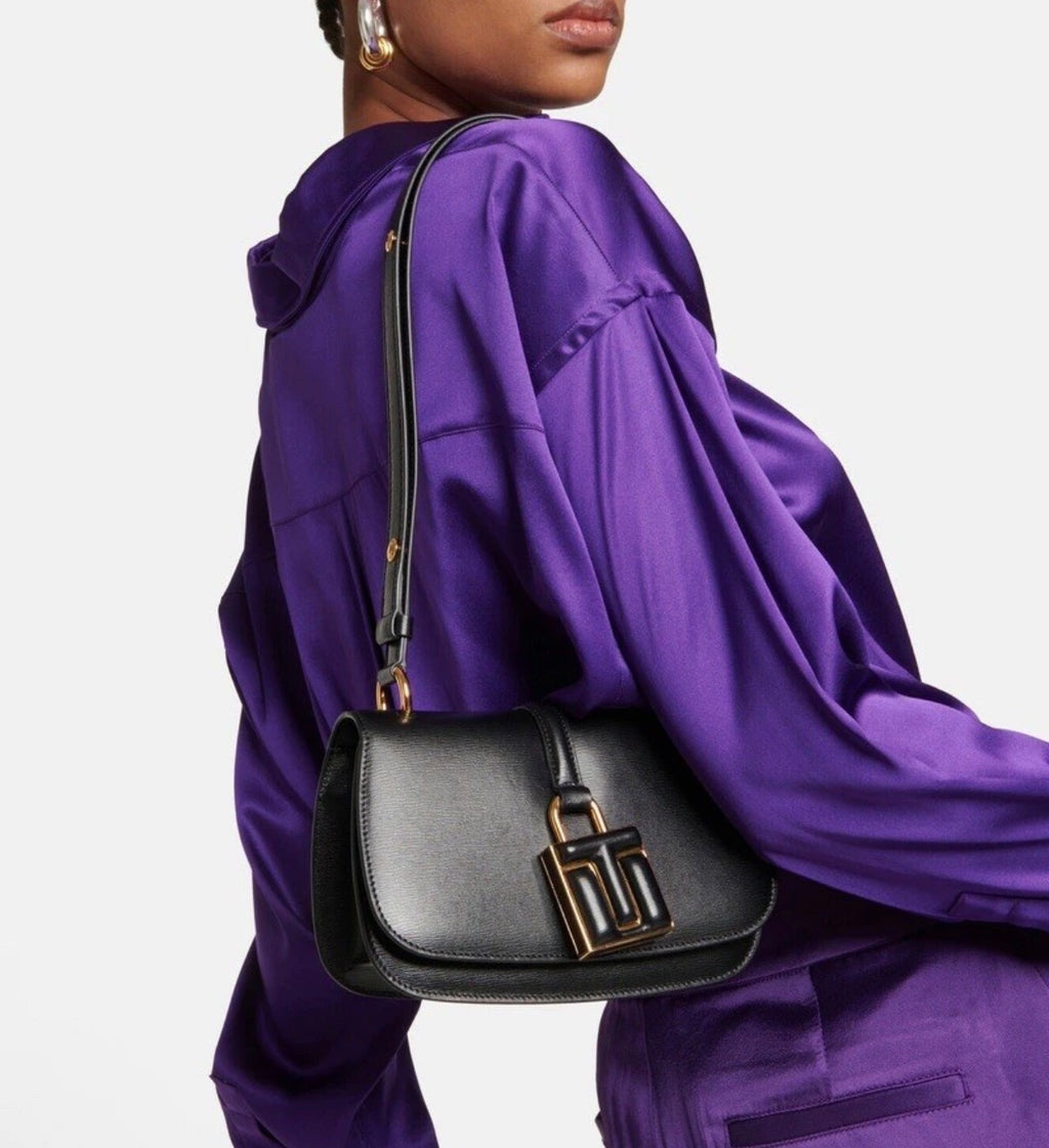 Tom Ford Black Leather Flap Mini Bag Padlock Logo Charm Gold Tone Hardware