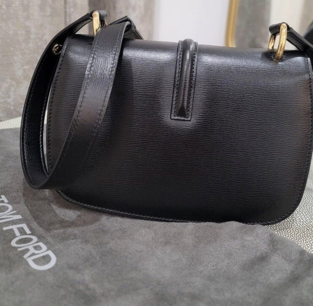 Tom Ford Black Leather Flap Mini Bag Padlock Logo Charm Gold Tone Hardware