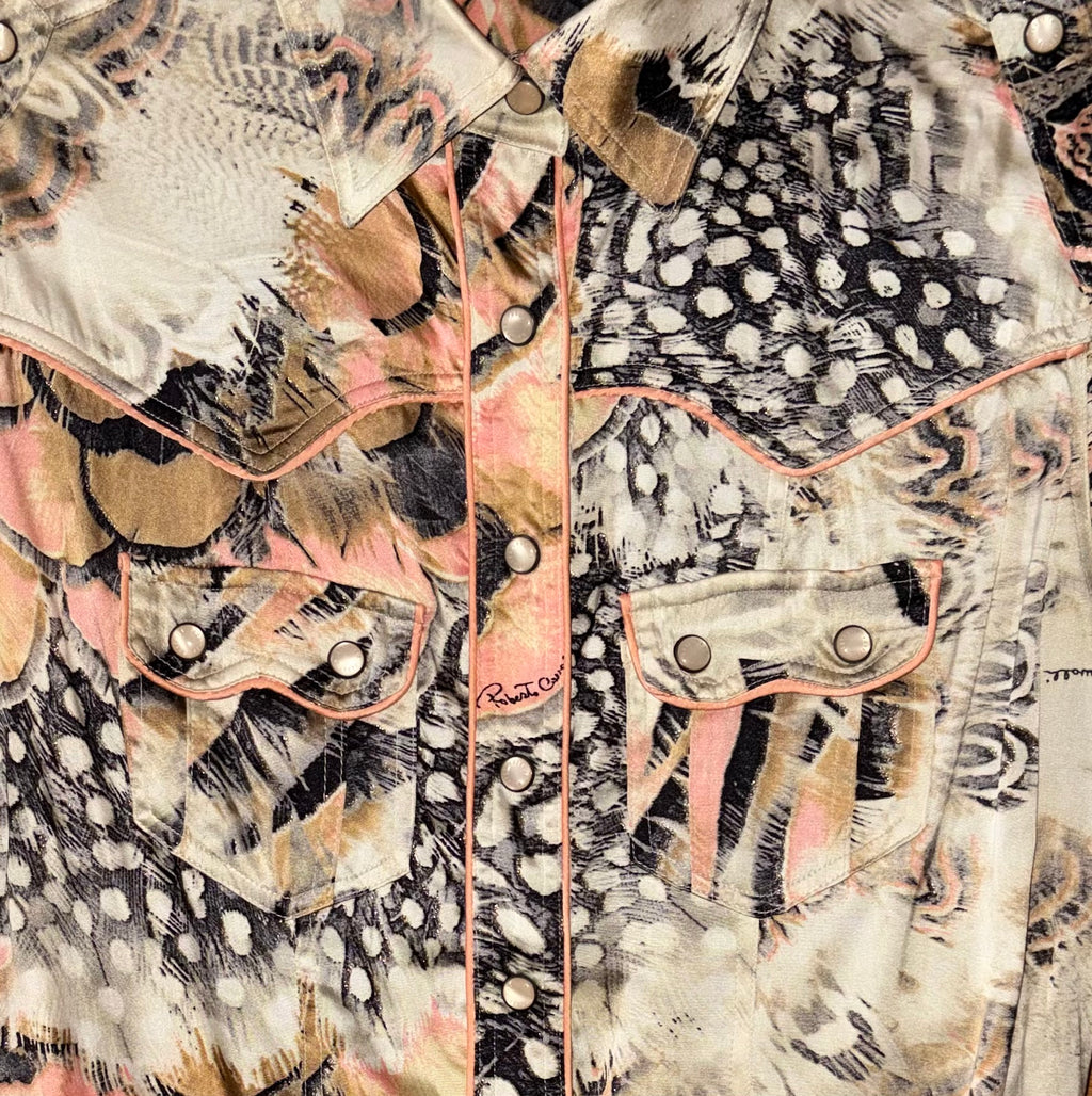 Roberto Cavalli Spring/Summer 2004 Silk Shirt Dress 2000s Feathers Print