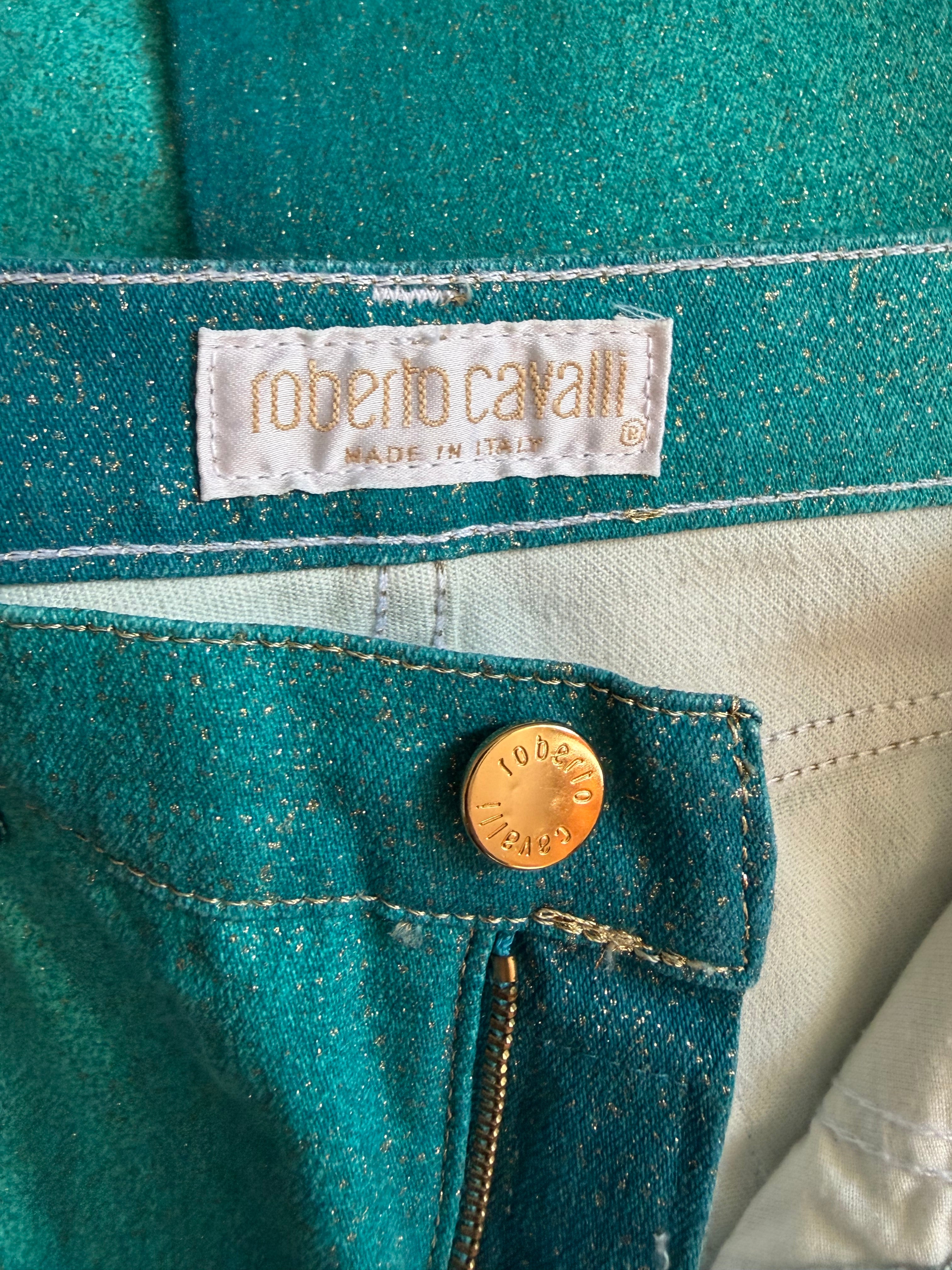 Roberto Cavalli 2000s Teal Shimmer Gold Straight Jeans XS
