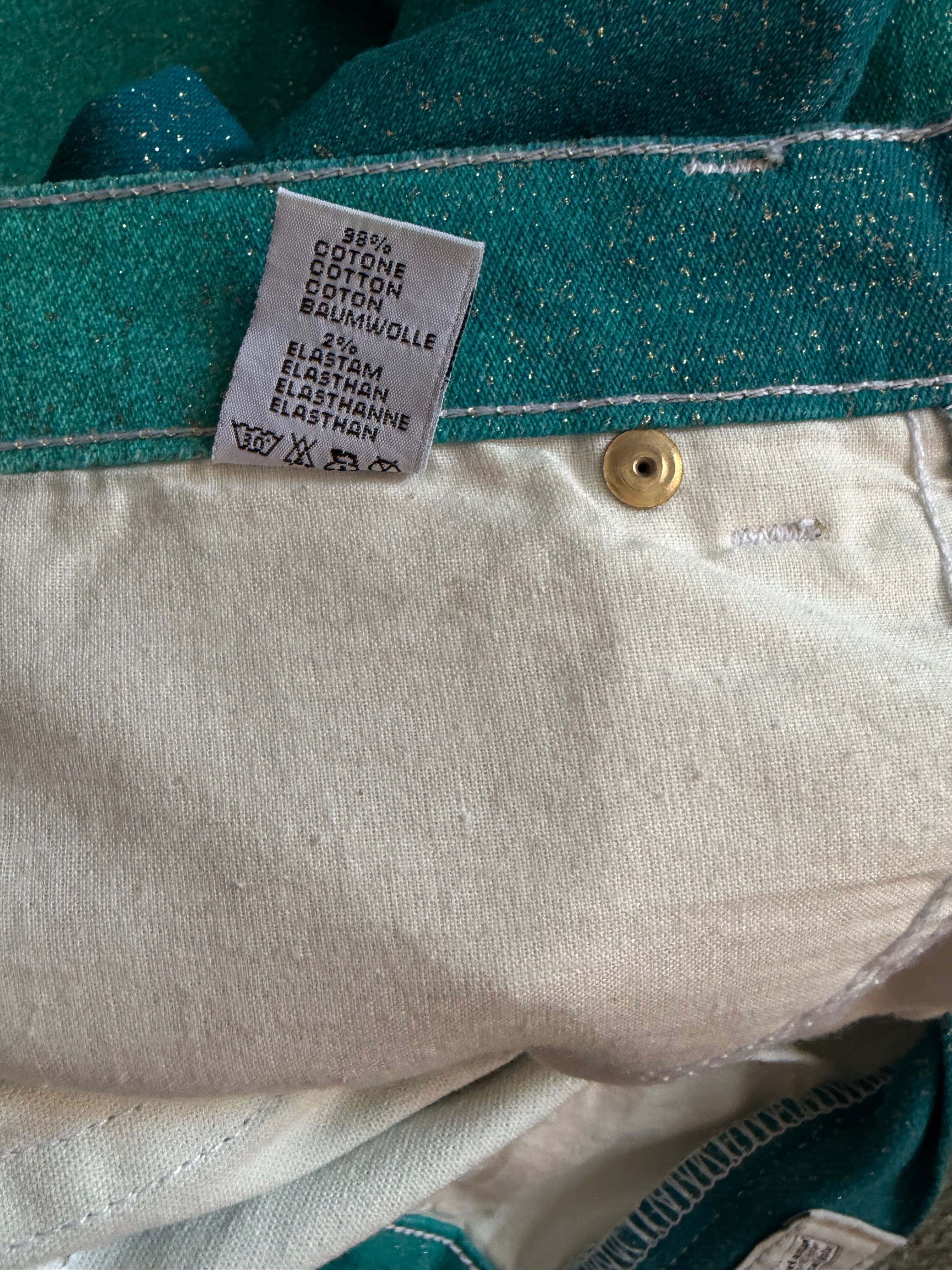 Roberto Cavalli 2000s Teal Shimmer Gold Straight Jeans XS