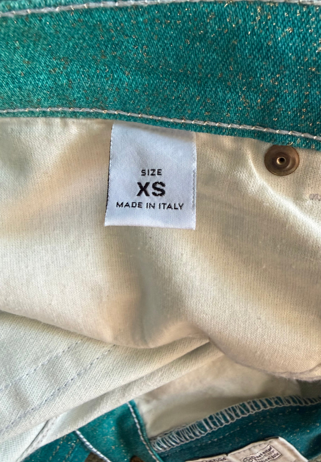 Roberto Cavalli 2000s Teal Shimmer Gold Straight Jeans XS
