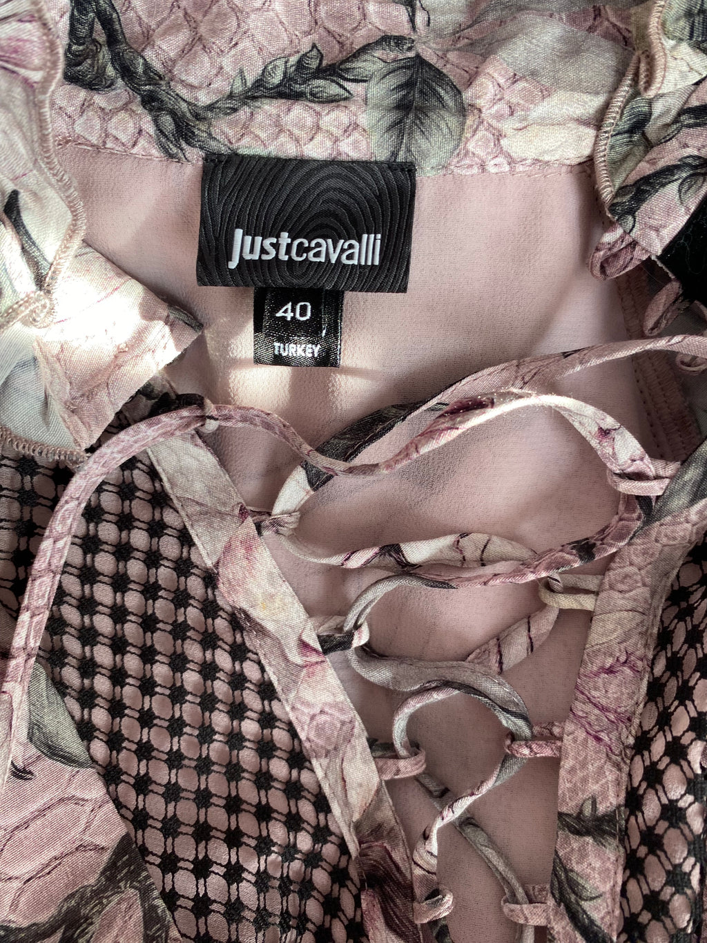 Just Cavalli Pink Floral Dress Mid Length Lace Up With Ruffles 40 IT