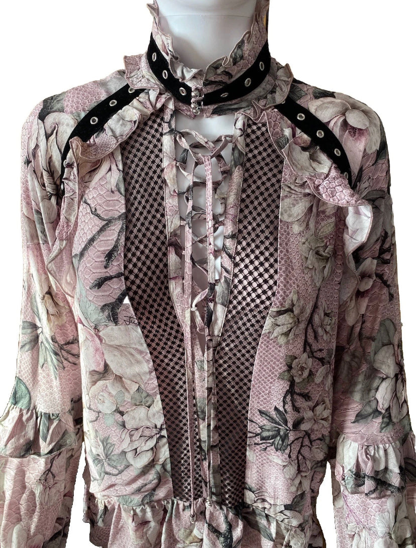 Just Cavalli Pink Floral Dress Mid Length Lace Up With Ruffles 40 IT