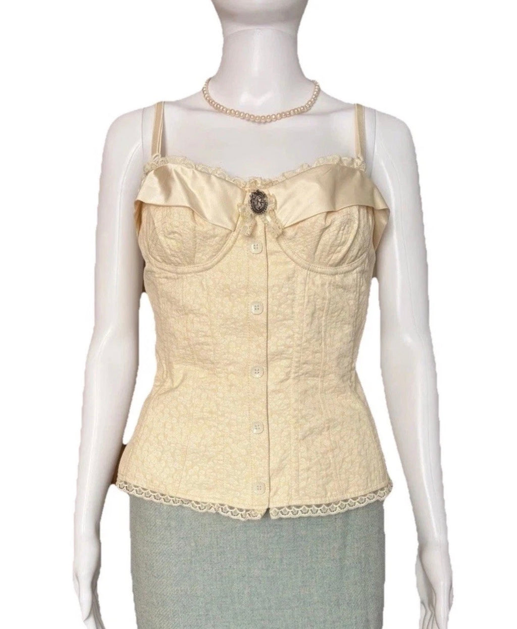 John Galliano 2000s Bustier Corset Lace Trim Cotton Silk Champagne Beige 42IT