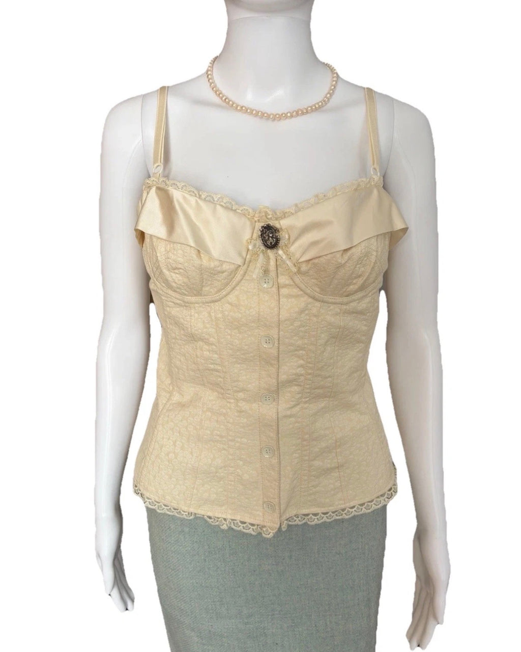 John Galliano 2000s Bustier Corset Lace Trim Cotton Silk Champagne Beige 42IT