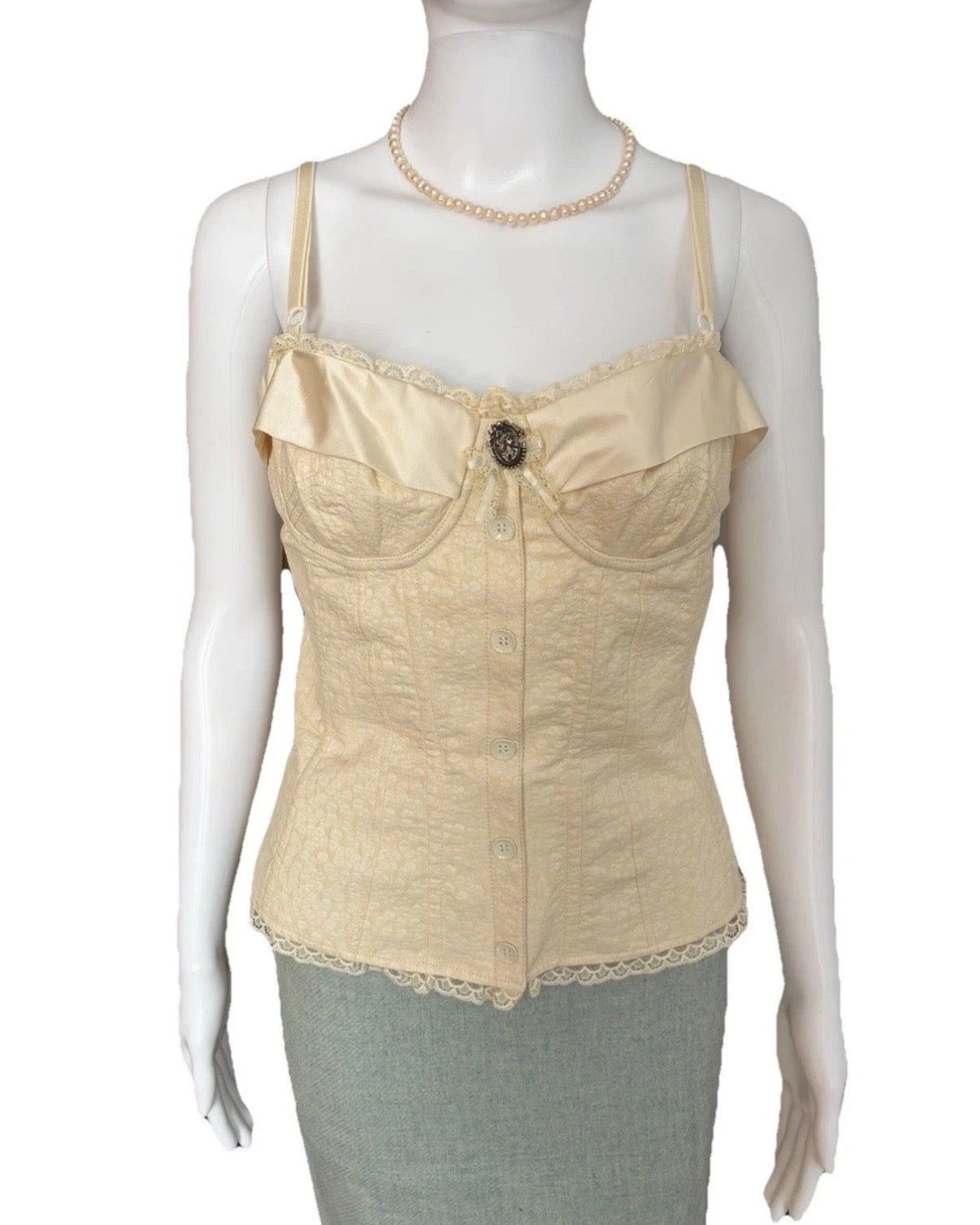 John Galliano 2000s Bustier Corset Lace Trim Cotton Silk Champagne Beige 42IT