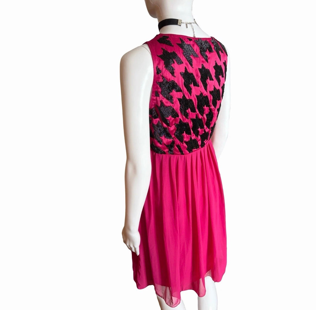 John Galliano 2000s Fuchsia Mini Dress 40IT  Sequin Houndstooth New