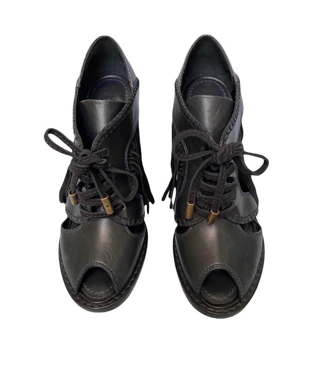 Louis Vuitton Black Ankle Fringe Booties 37eu Peep Toe