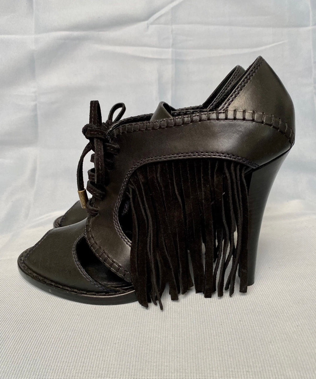Louis Vuitton Black Ankle Fringe Booties 37eu Peep Toe