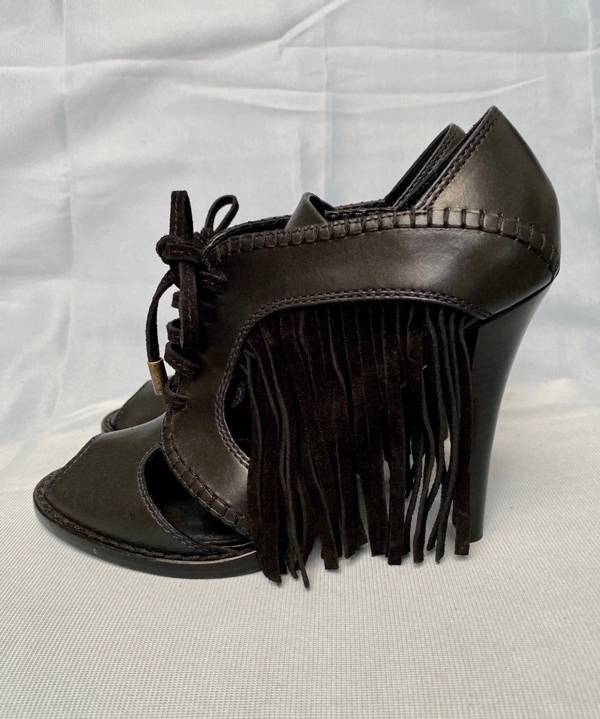 Louis Vuitton Black Ankle Fringe Booties 37eu Peep Toe