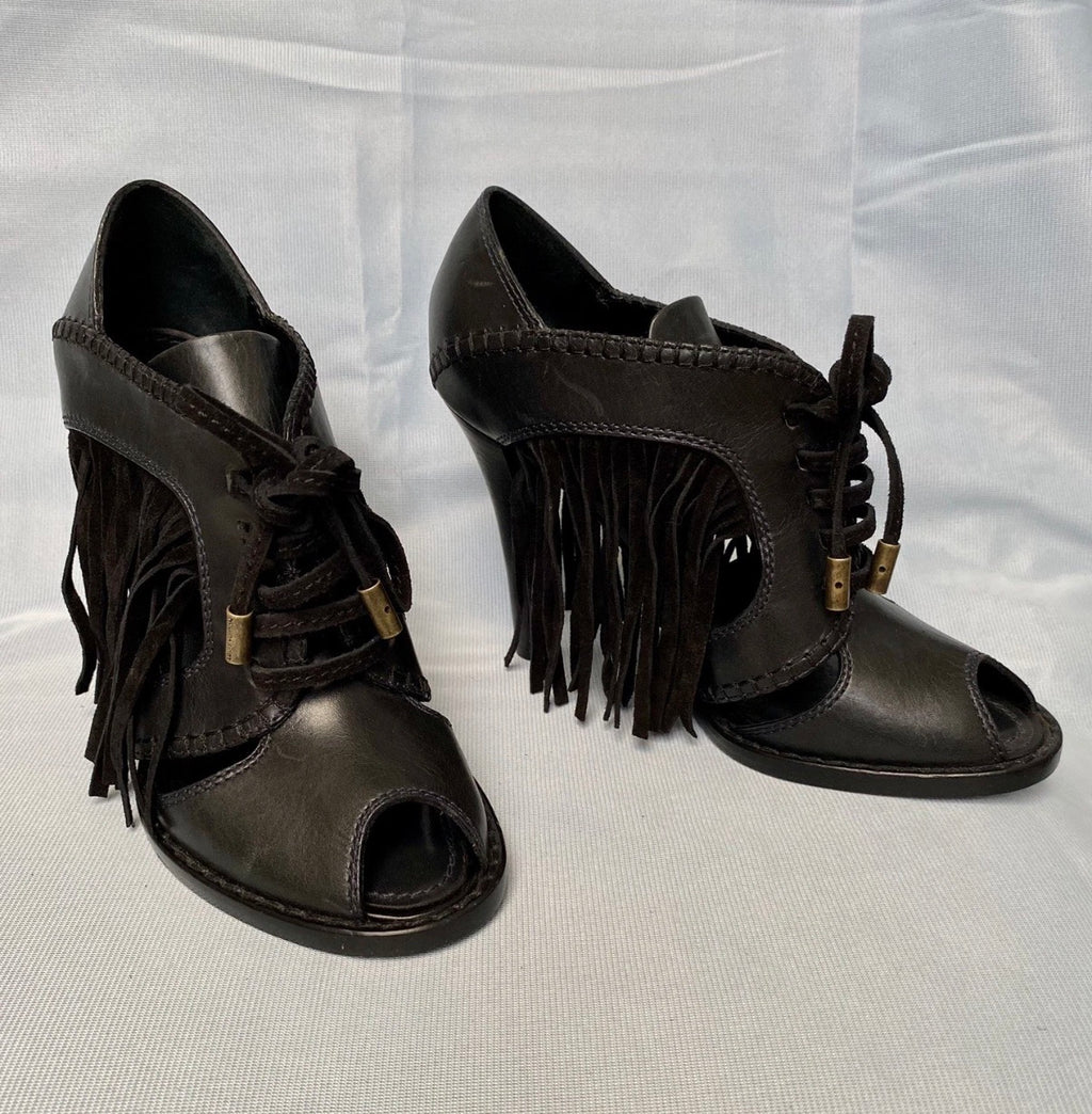 Louis Vuitton Black Ankle Fringe Booties 37eu Peep Toe