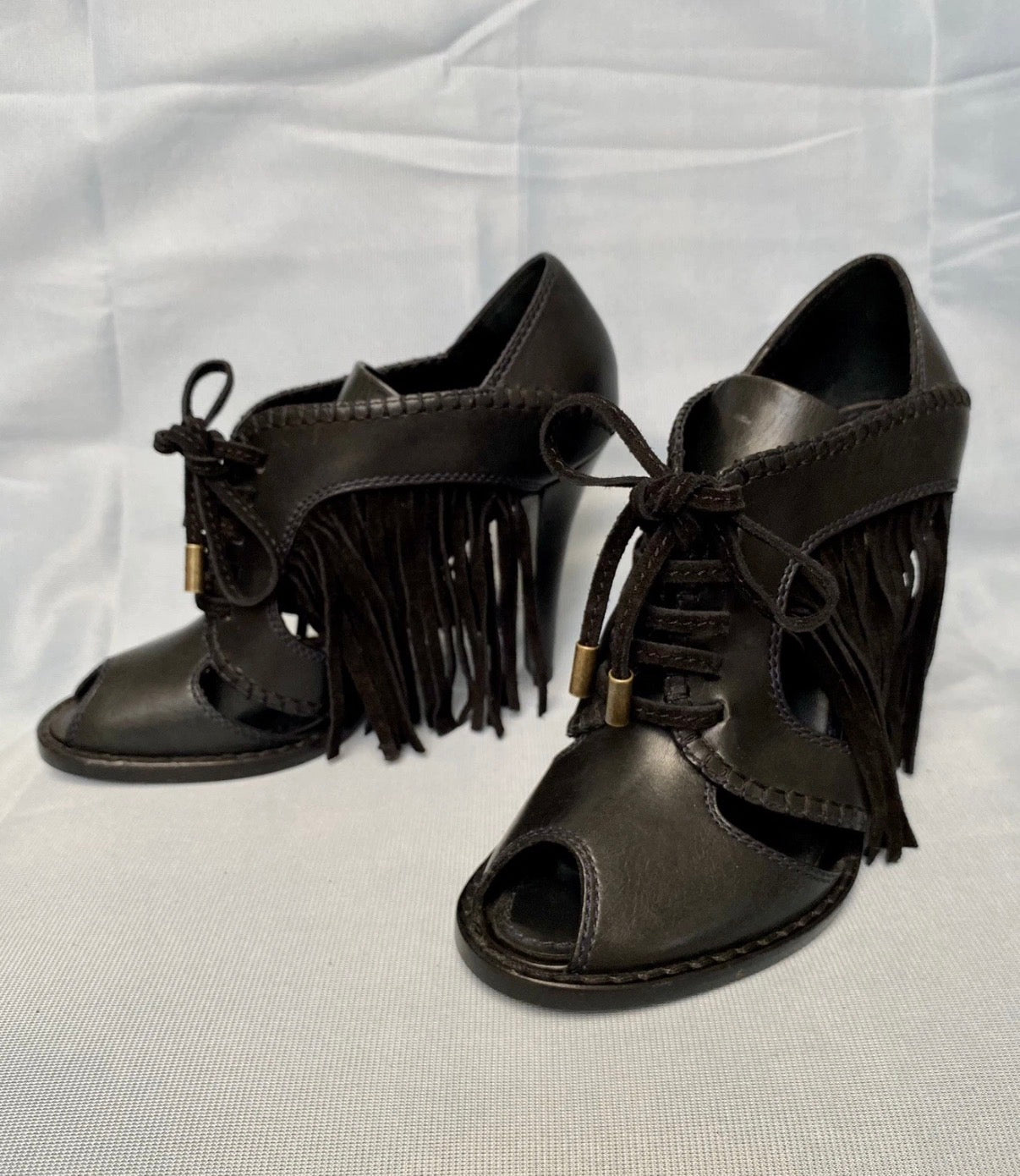 Louis Vuitton Black Ankle Fringe Booties 37eu Peep Toe