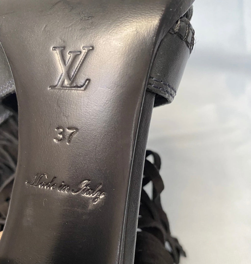 Louis Vuitton Black Ankle Fringe Booties 37eu Peep Toe