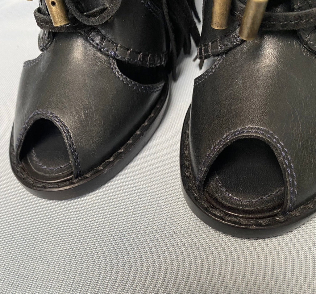 Louis Vuitton Black Ankle Fringe Booties 37eu Peep Toe