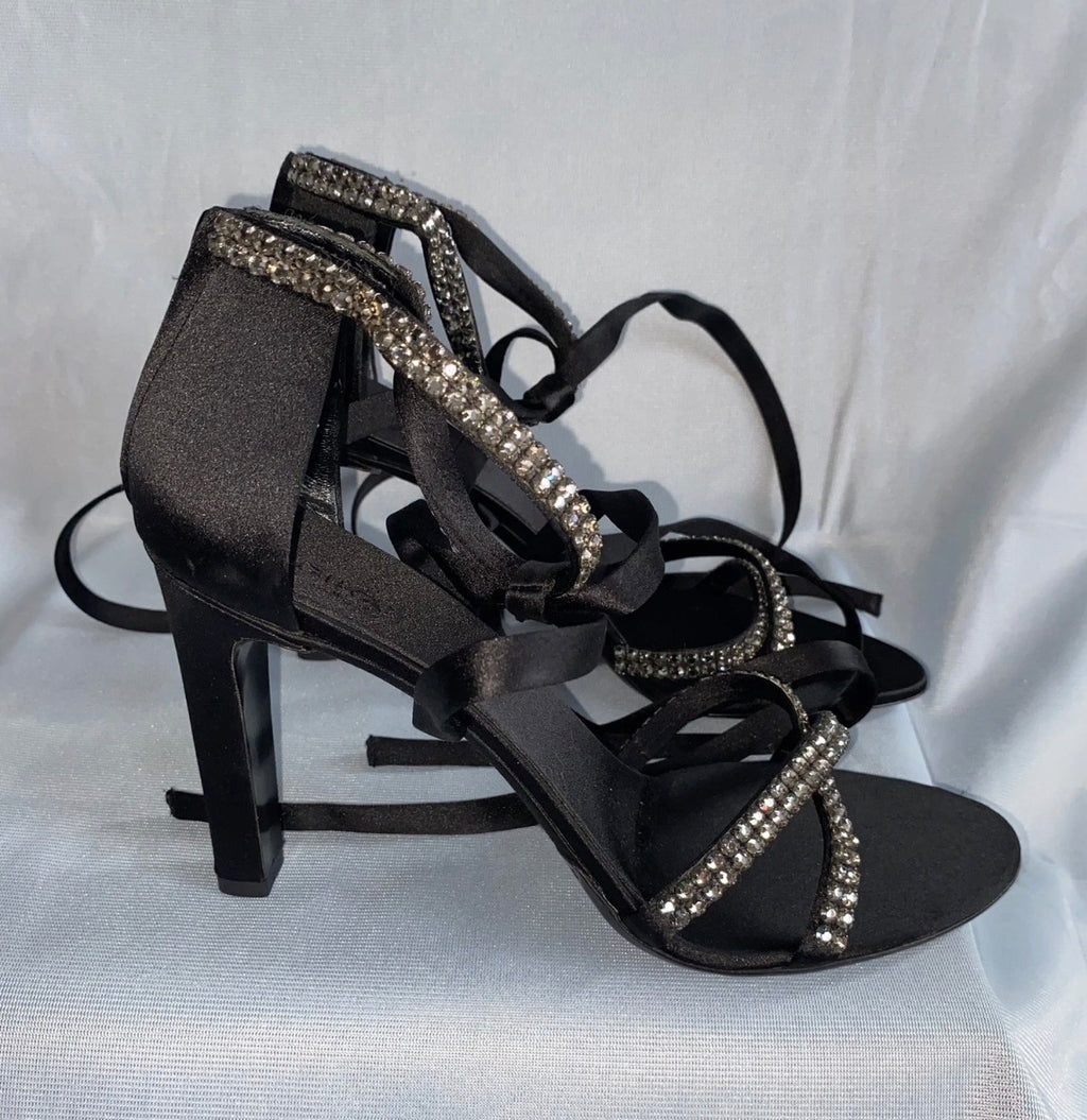 Gucci By Tom Ford 2004 Black Satin Sandals Rhinestones Ankle Strap 40eu