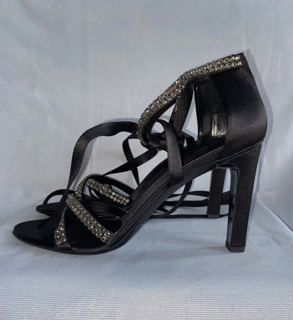 Gucci By Tom Ford 2004 Black Satin Sandals Rhinestones Ankle Strap 40eu