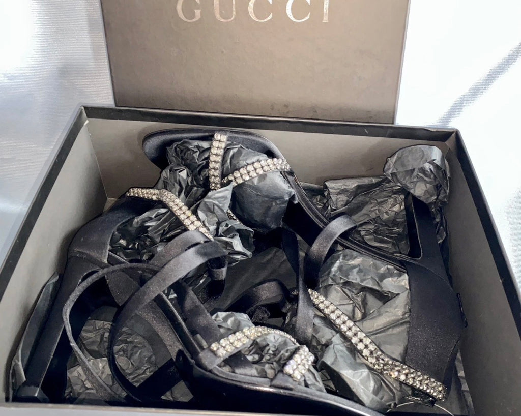 Gucci By Tom Ford 2004 Black Satin Sandals Rhinestones Ankle Strap 40eu