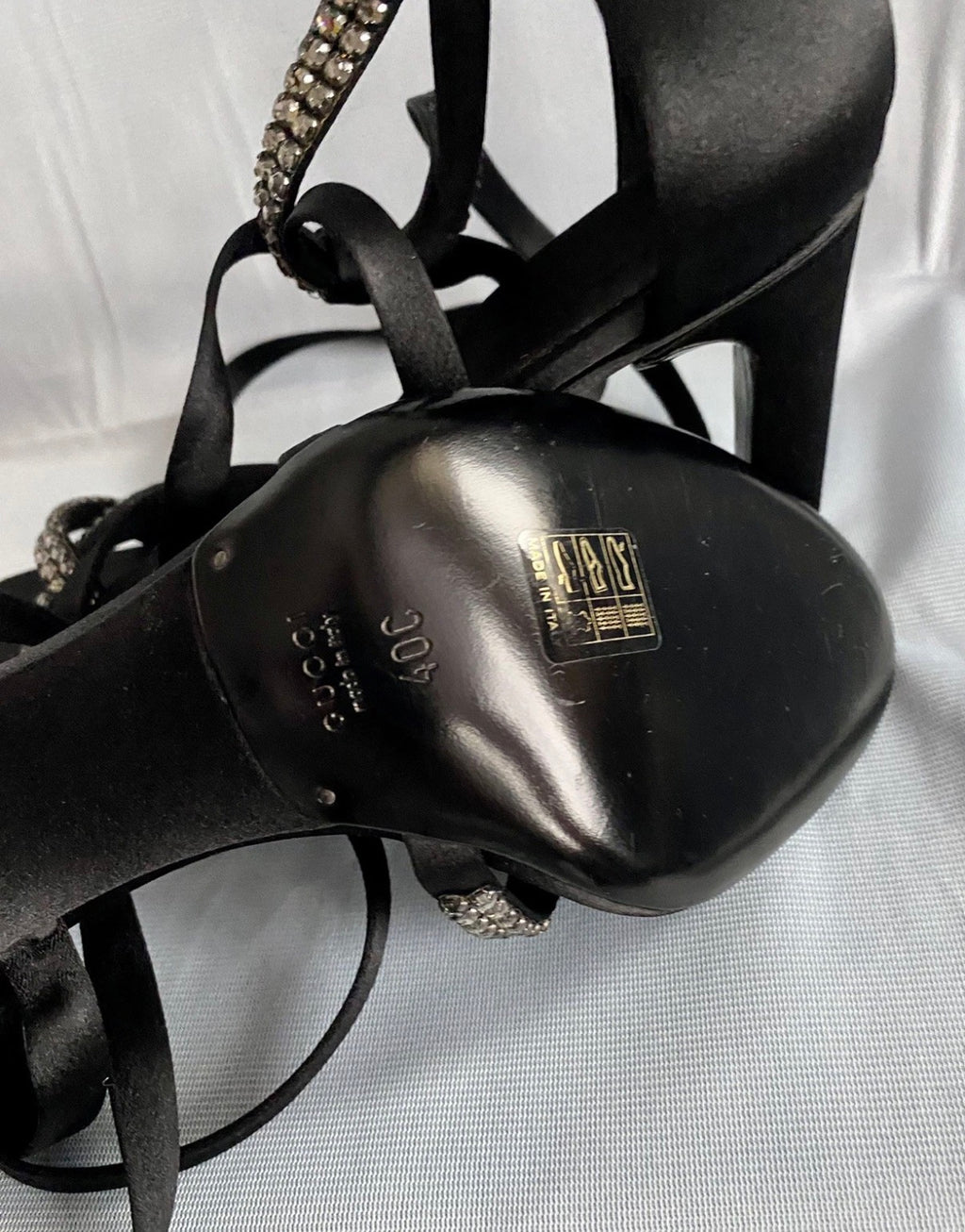 Gucci By Tom Ford 2004 Black Satin Sandals Rhinestones Ankle Strap 40eu