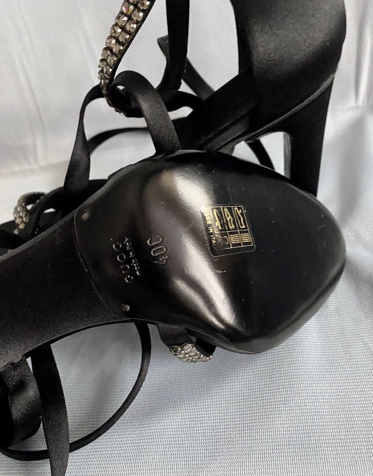 Gucci By Tom Ford 2004 Black Satin Sandals Rhinestones Ankle Strap 40eu
