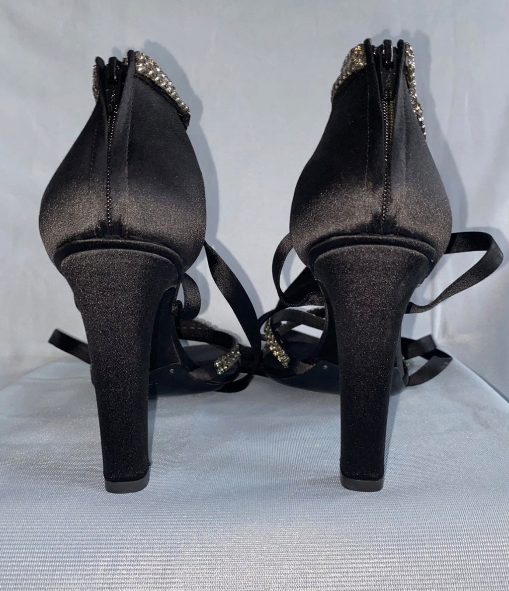 Gucci By Tom Ford 2004 Black Satin Sandals Rhinestones Ankle Strap 40eu