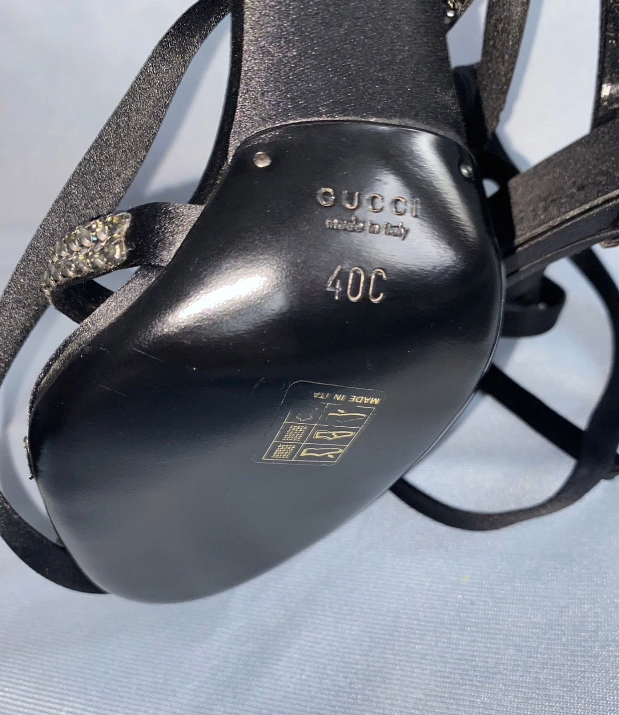 Gucci By Tom Ford 2004 Black Satin Sandals Rhinestones Ankle Strap 40eu
