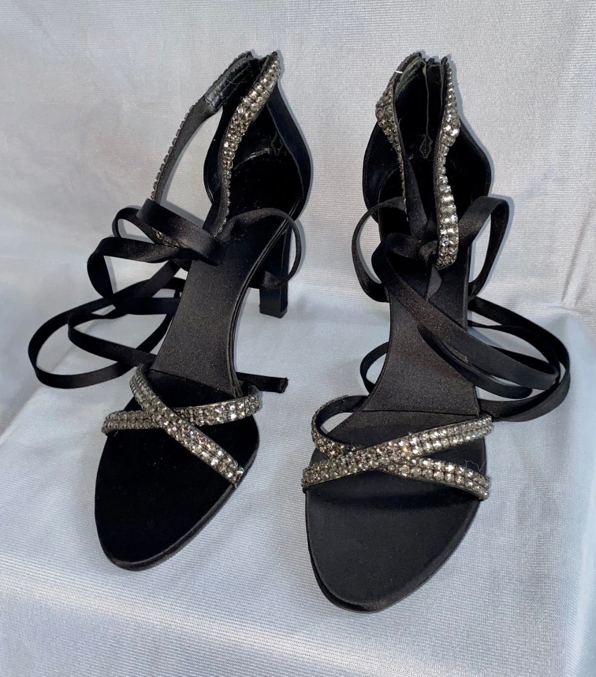 Gucci By Tom Ford 2004 Black Satin Sandals Rhinestones Ankle Strap 40eu