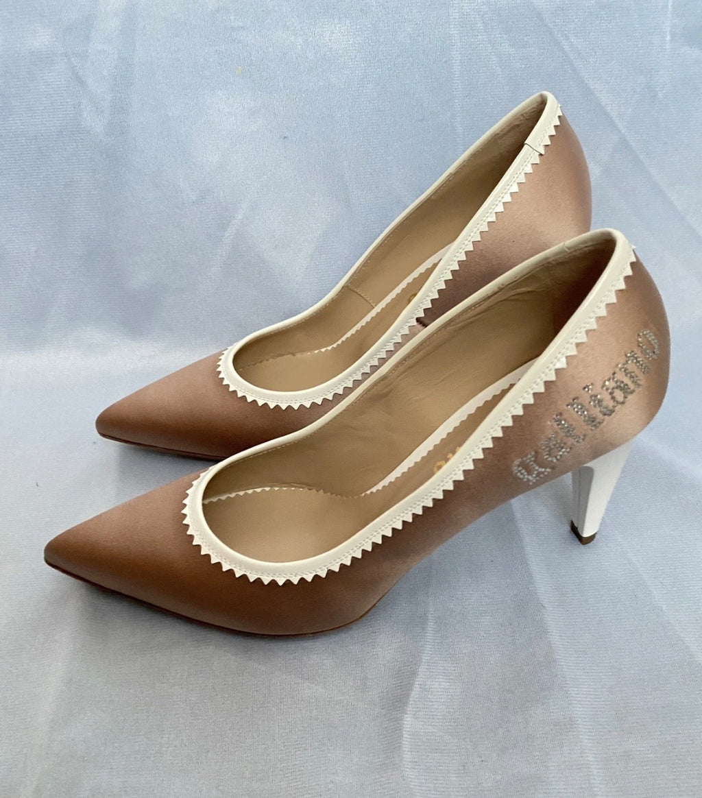 John Galliano Beige Pink Pointed High Heels 38eu Rhinestones Logo 2000s