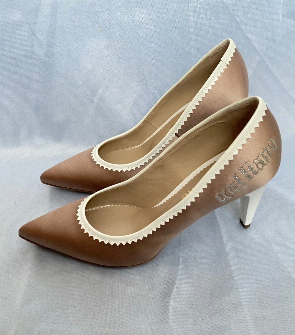 John Galliano Beige Pink Pointed High Heels 38eu Rhinestones Logo 2000s