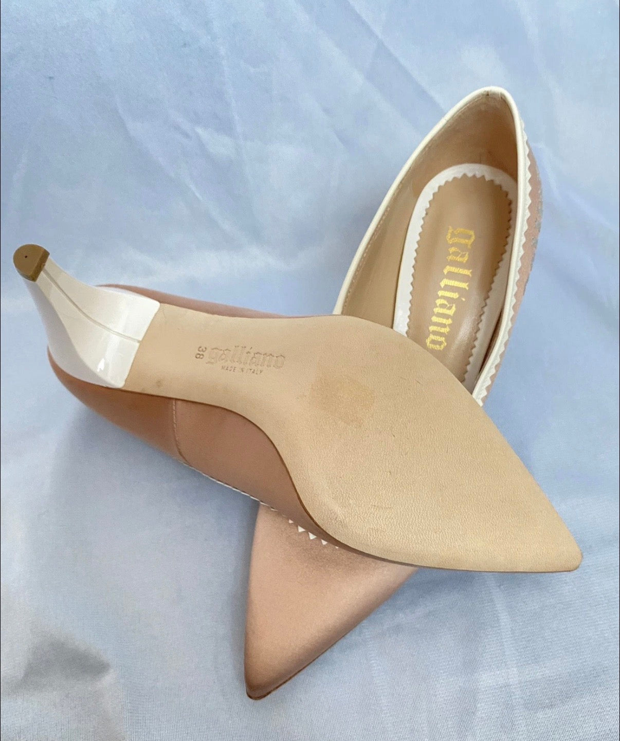 John Galliano Beige Pink Pointed High Heels 38eu Rhinestones Logo 2000s