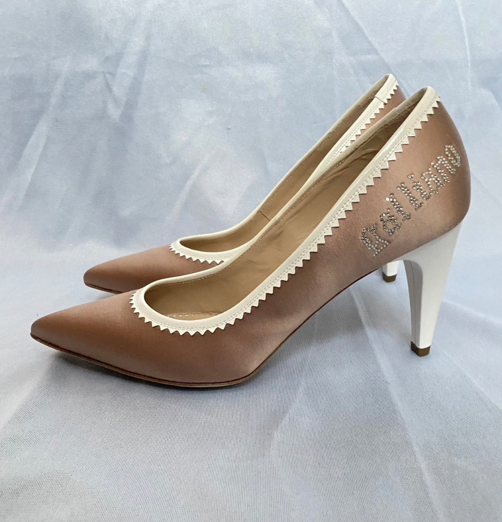 John Galliano Beige Pink Pointed High Heels 38eu Rhinestones Logo 2000s