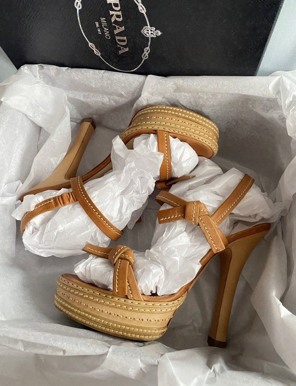PRADA Iconic Spring/2009 High Heel Platform Sandals in Tan Leather 37eu