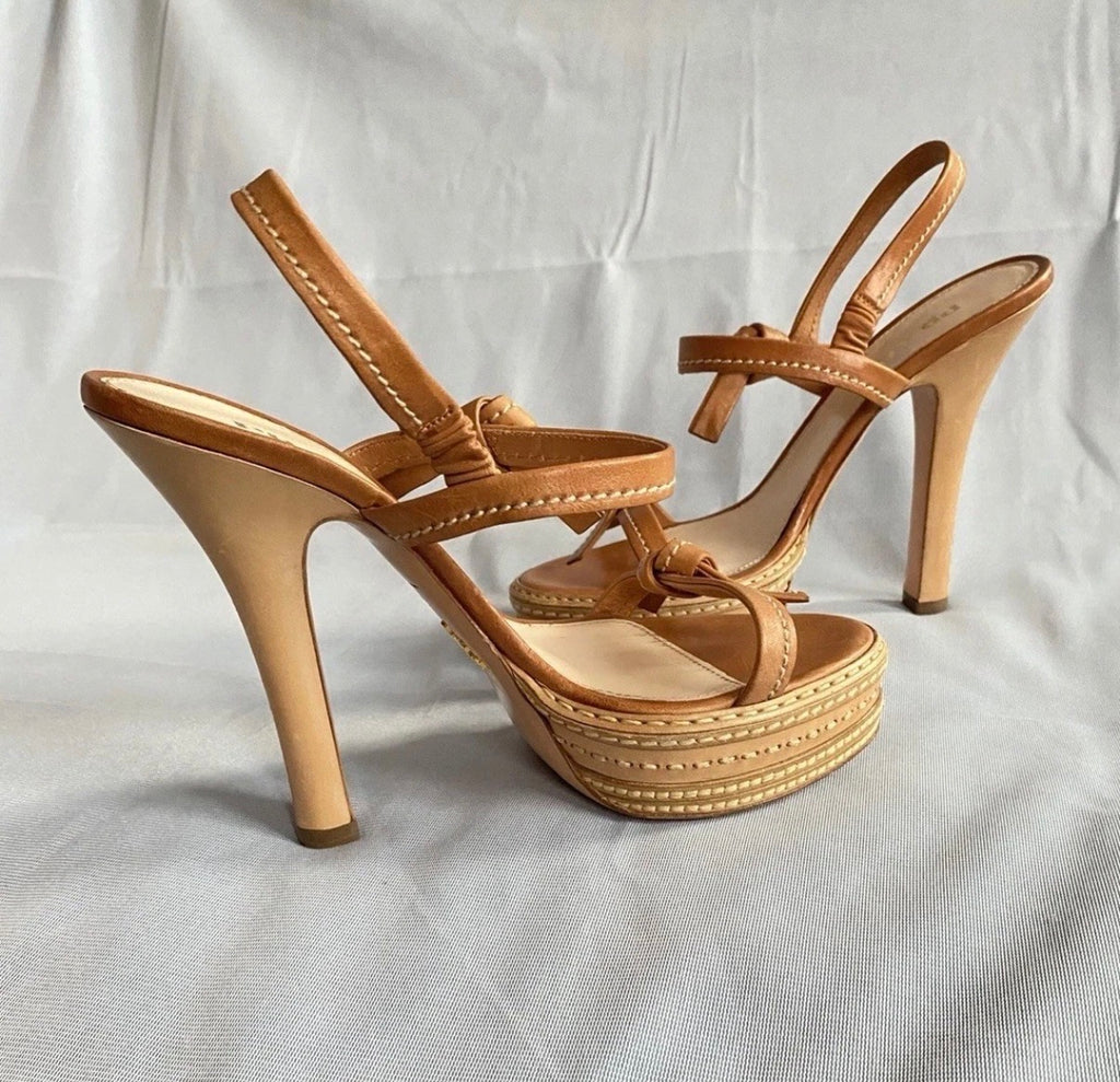 PRADA Iconic Spring/2009 High Heel Platform Sandals in Tan Leather 37eu