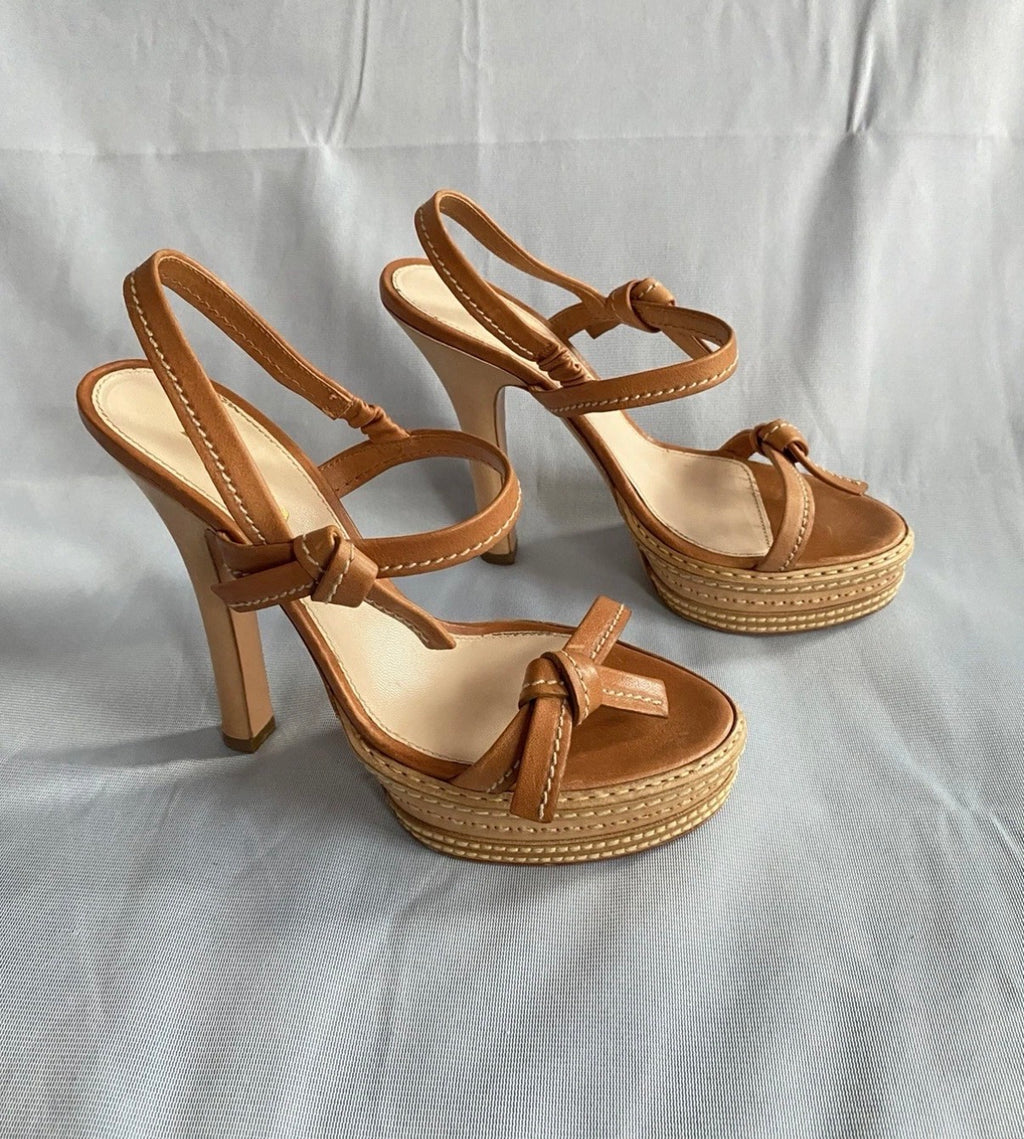 PRADA Iconic Spring/2009 High Heel Platform Sandals in Tan Leather 37eu